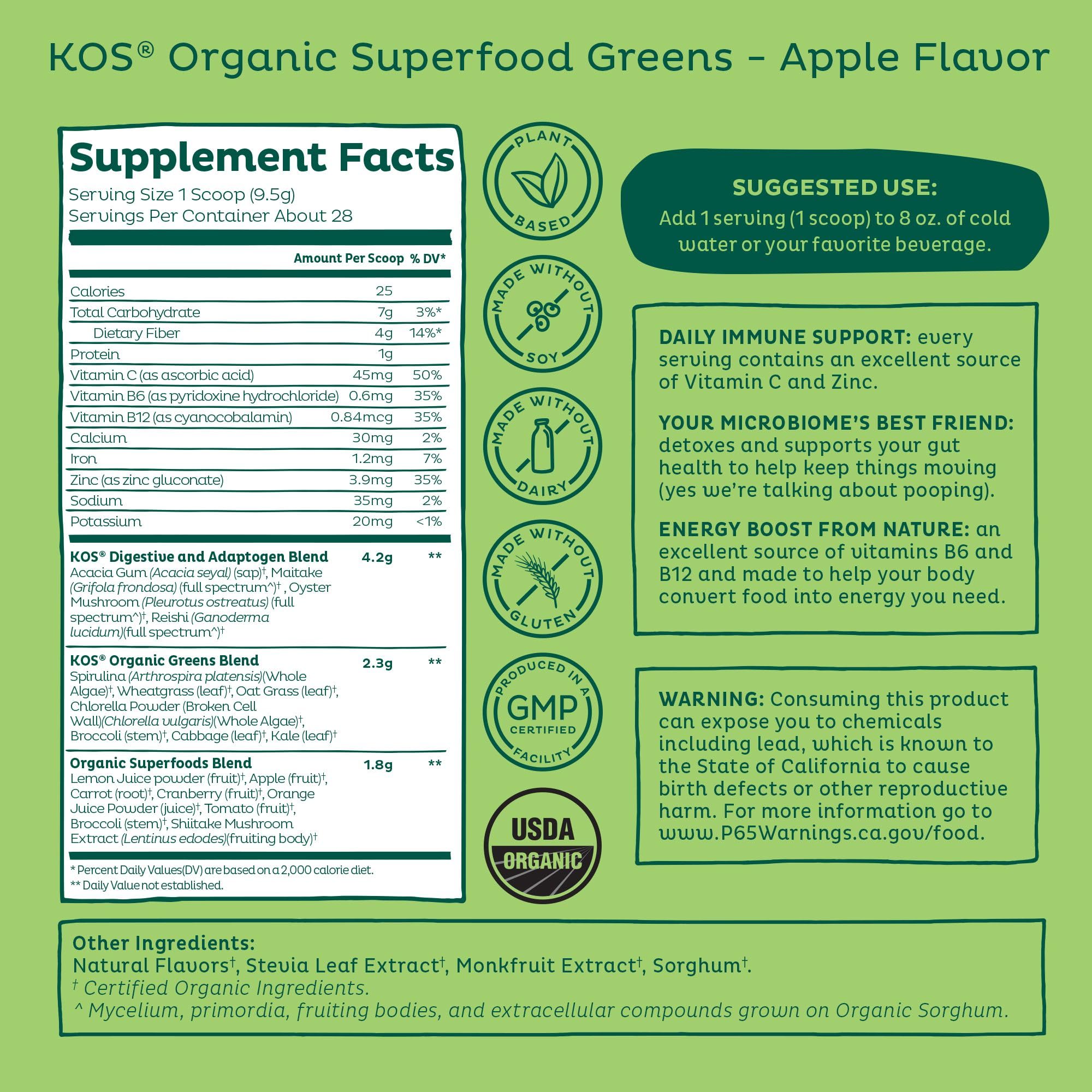 KOS Spirulina Green Superfood Powder 340g mixed in a glass of water