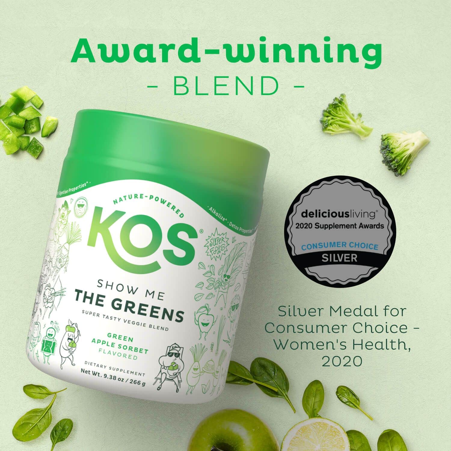 KOS Spirulina Green Superfood Powder 340g side view with nutritional information