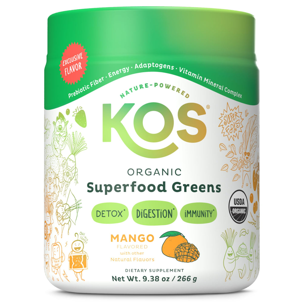 KOS Superfood Greens Powder 342g Mango flavour front view
