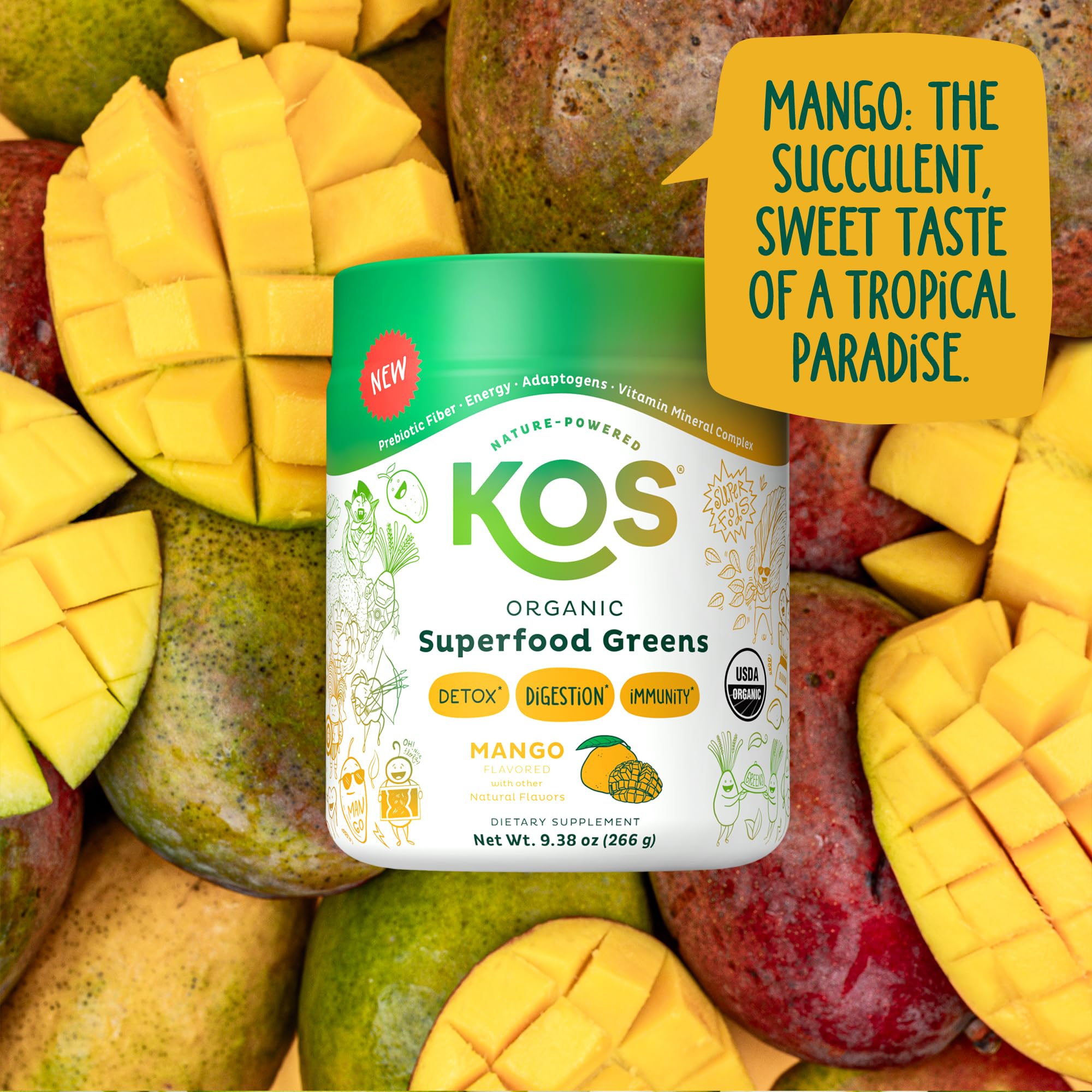 KOS Superfood Greens Powder displayed with fresh mango slices