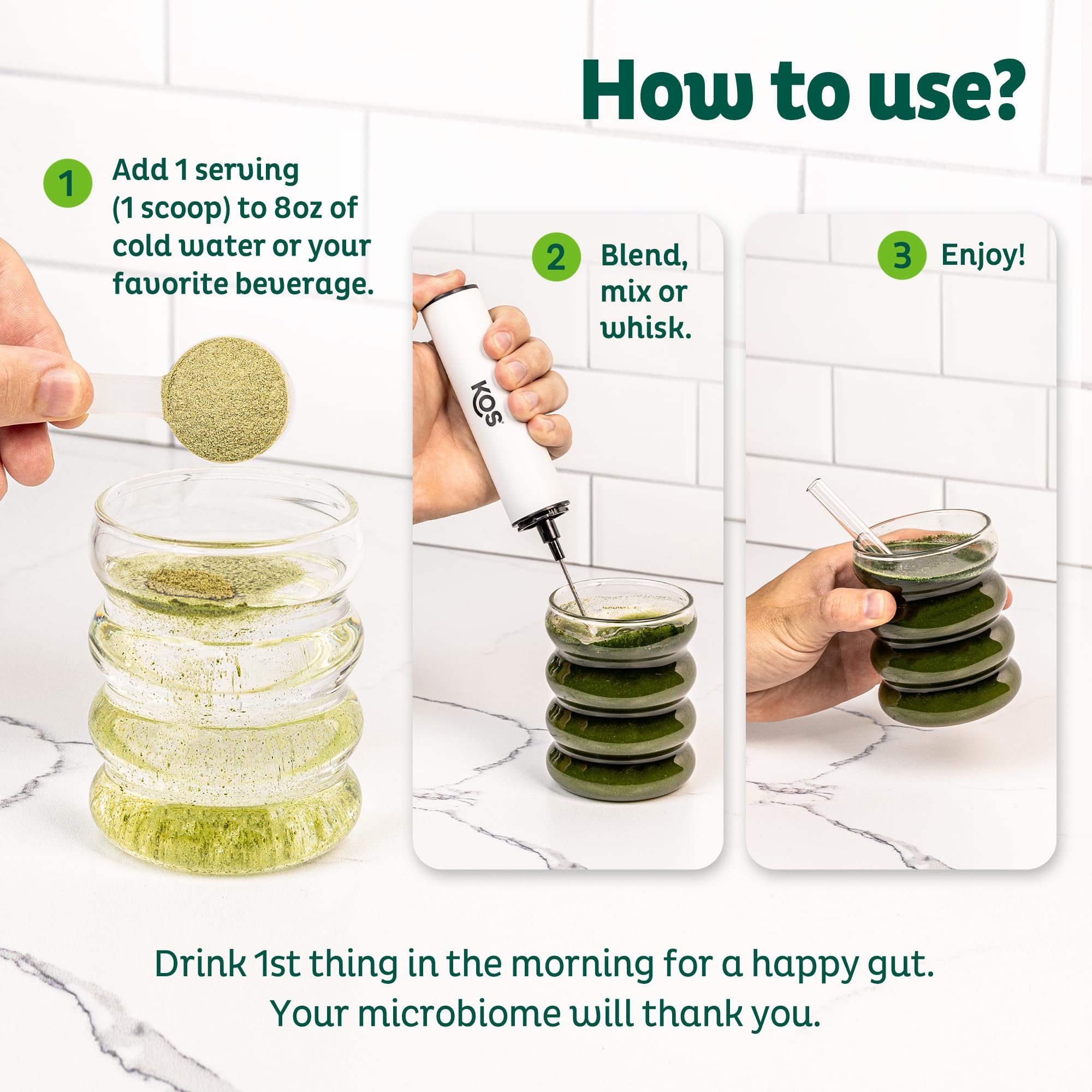 KOS Superfood Greens Powder in a glass of cold water