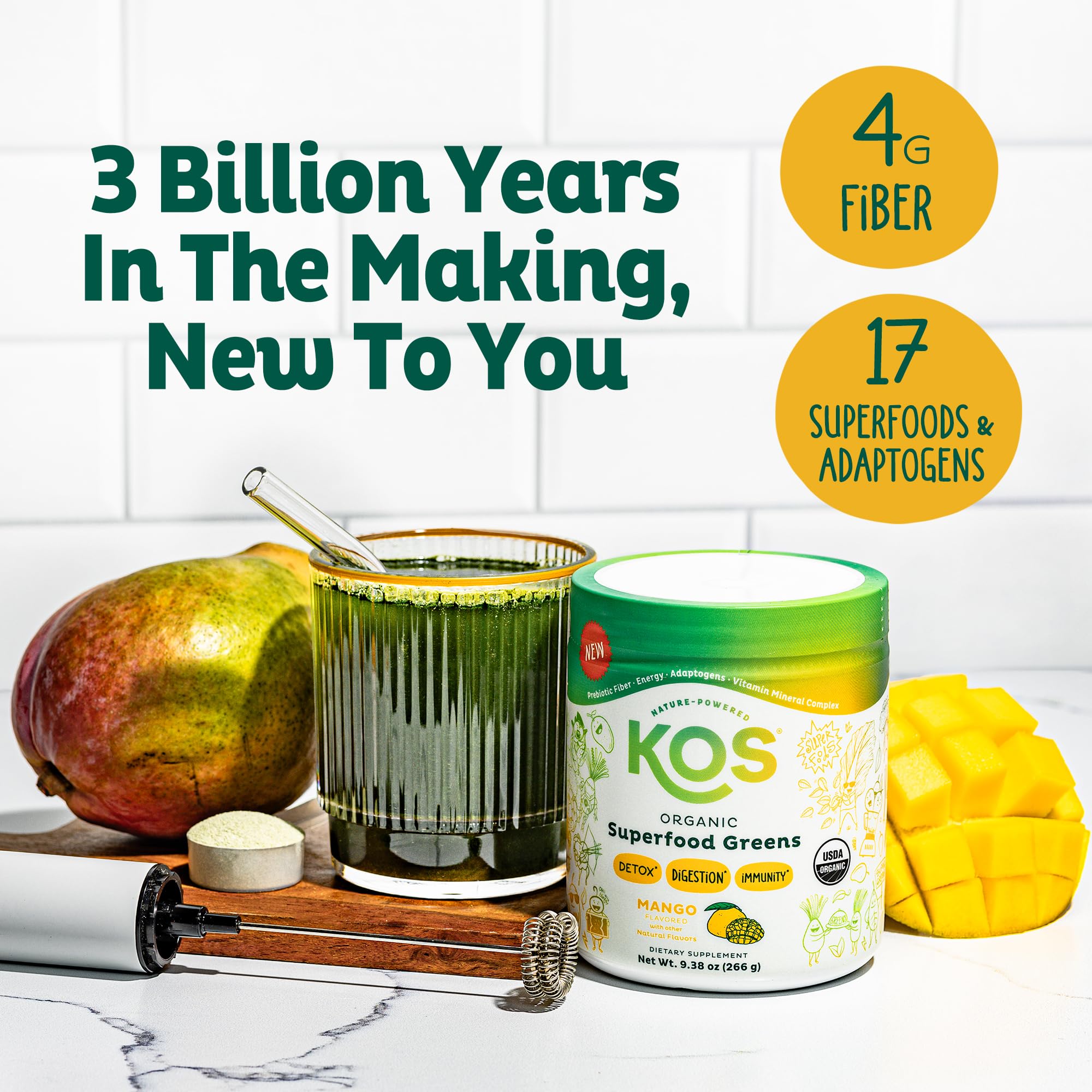 KOS Superfood Greens Powder ingredients list on the back of the package