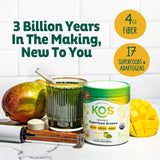 KOS Superfood Greens Powder ingredients list on the back of the package