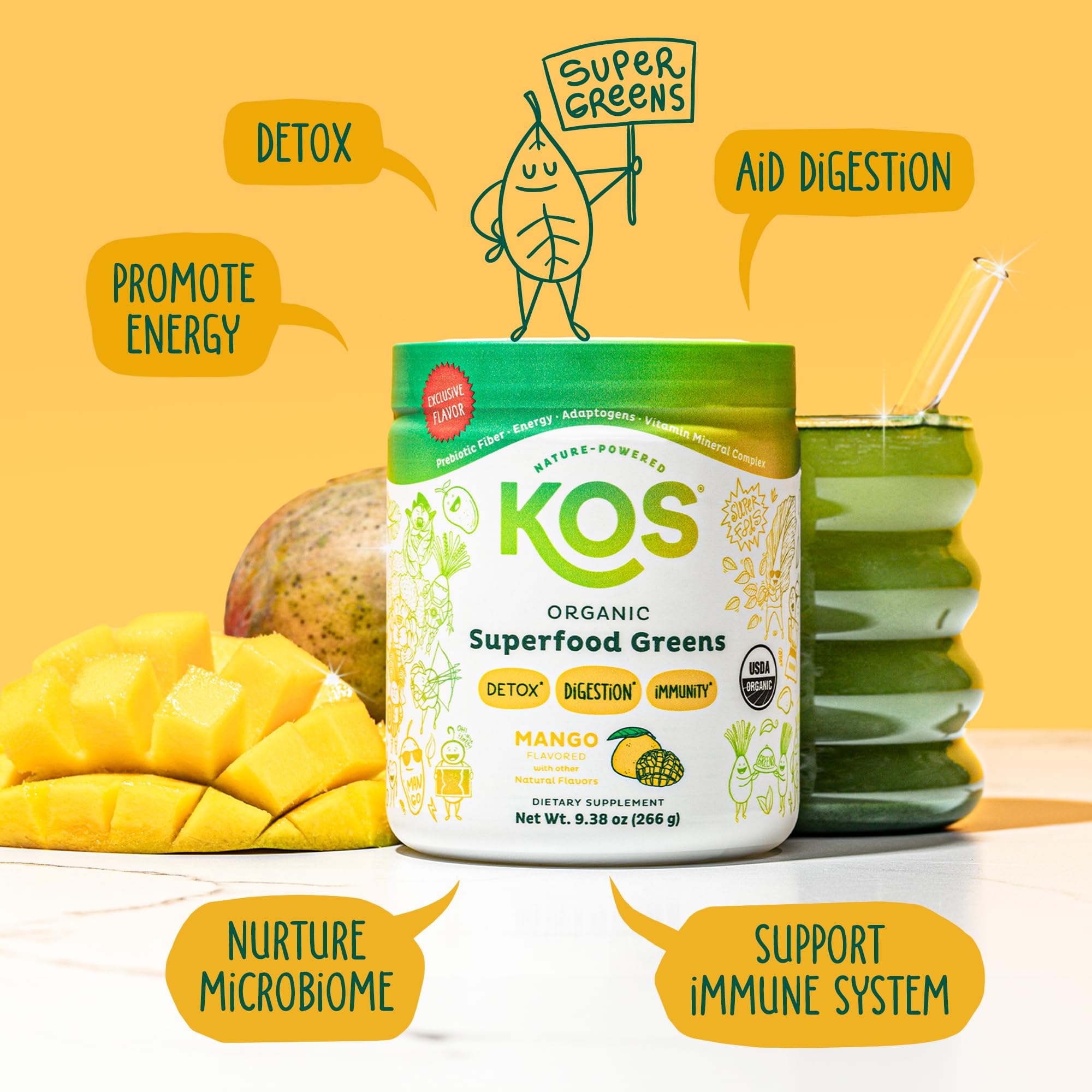 KOS Superfood Greens Powder packaging with nutritional information