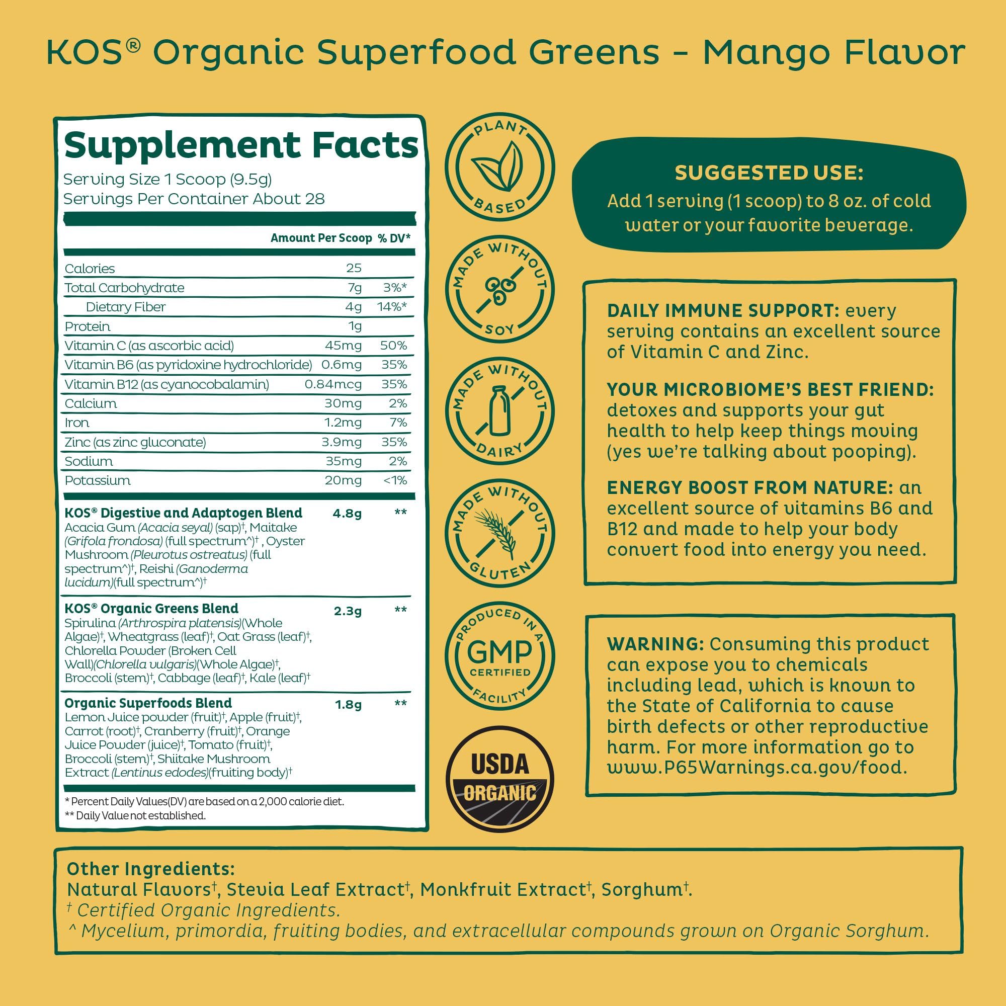 KOS Superfood Greens Powder scoop with powder on a wooden surface