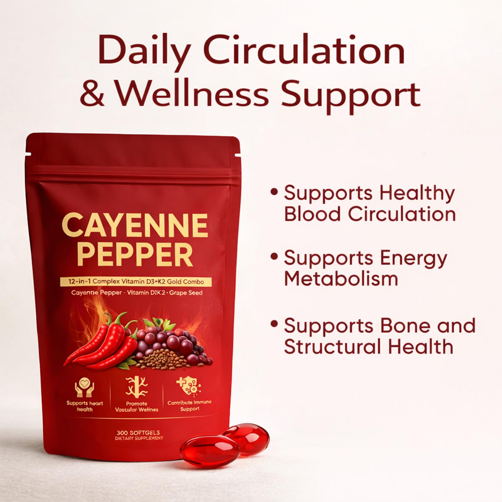 KOVGOCY Cayenne Pepper Softgels displayed with a glass of water