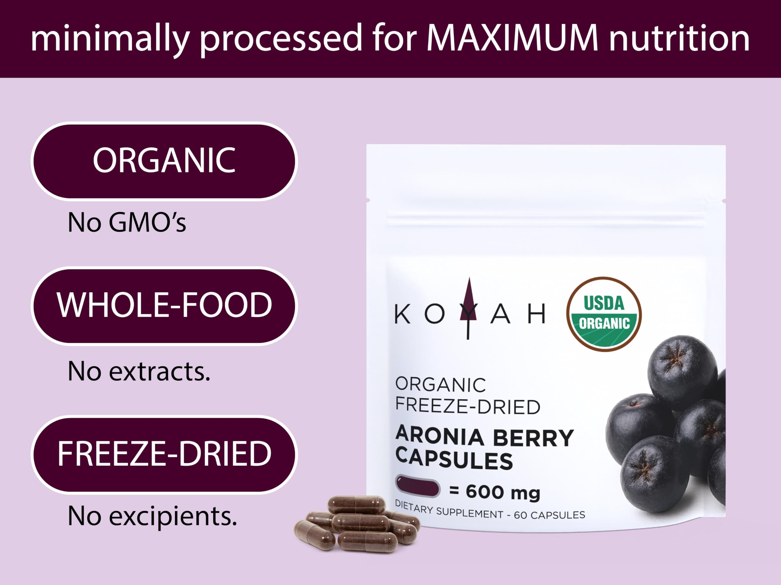 KOYAH Aronia Capsules side view with label details