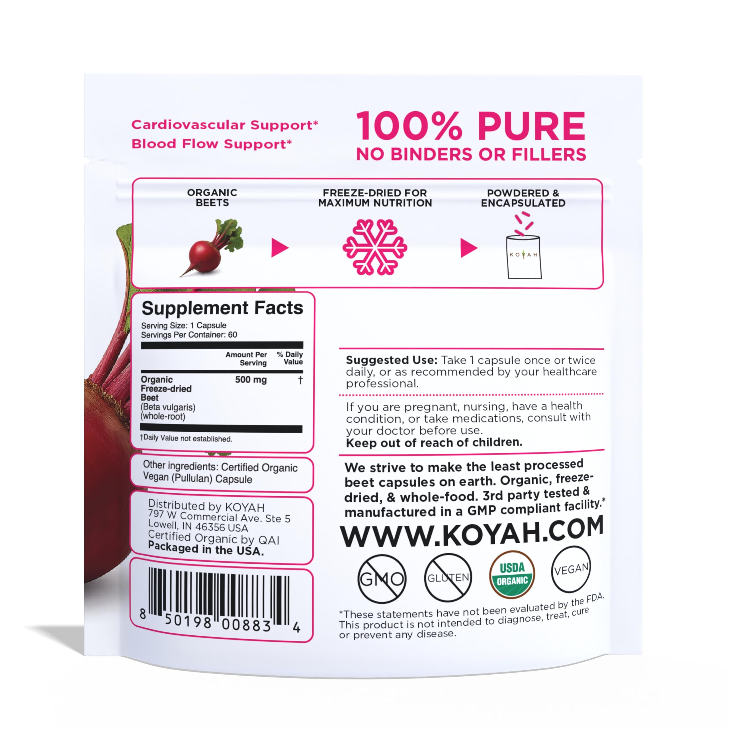 KOYAH Beet Powder Capsules side view showing capsule details
