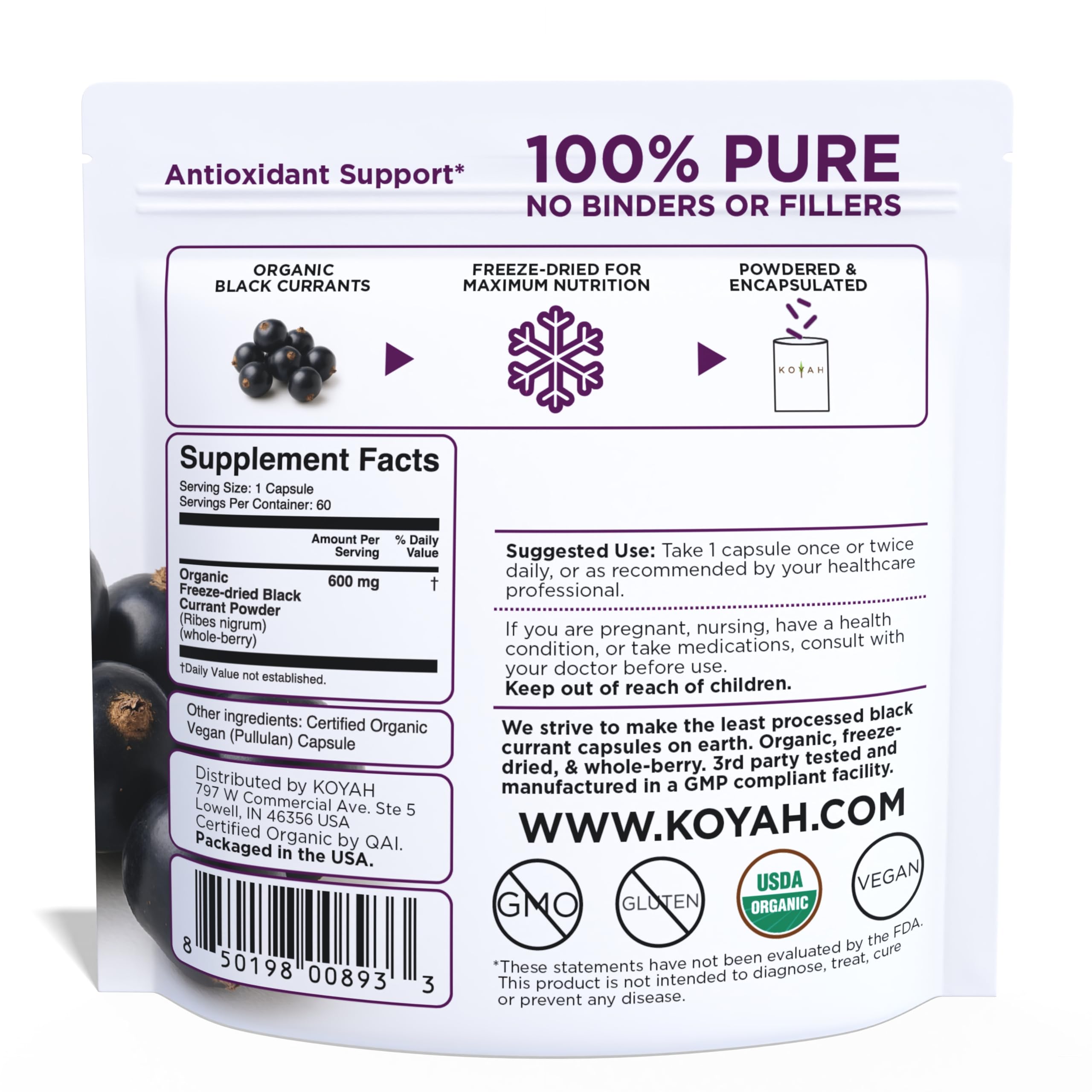 KOYAH Black Currant Capsules 600mg side view
