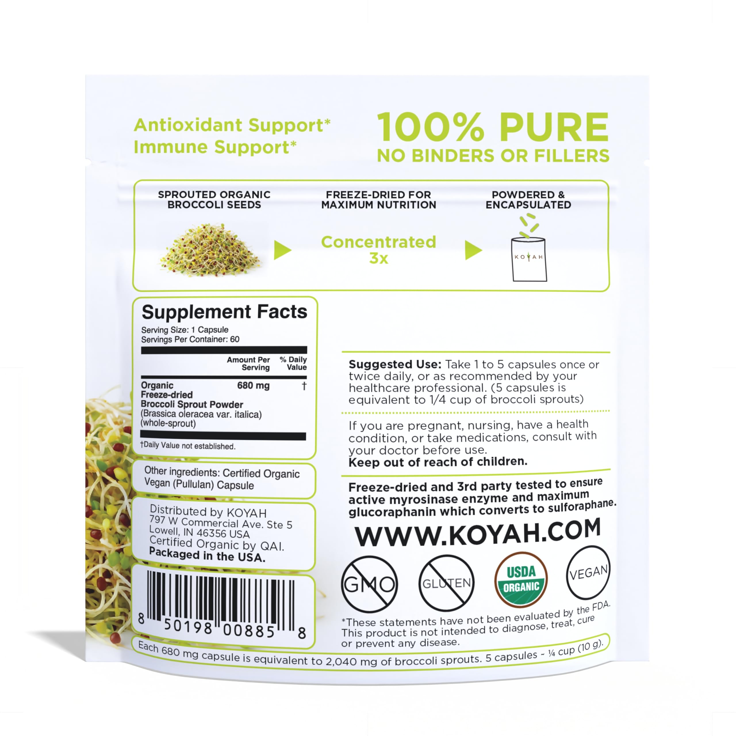KOYAH Broccoli Sprout Capsules bottle side view
