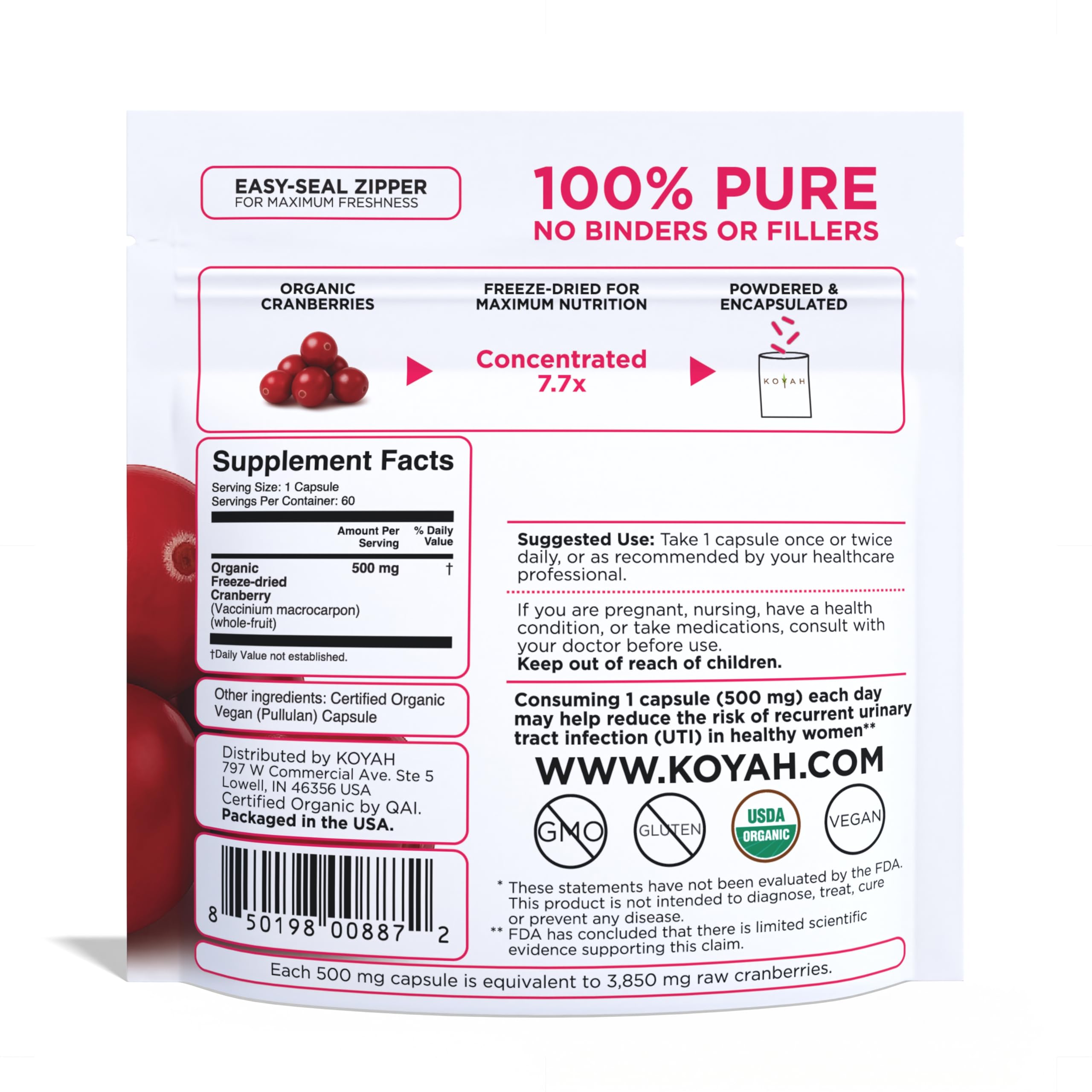 KOYAH Cranberry Powder Capsules side view showing capsule size