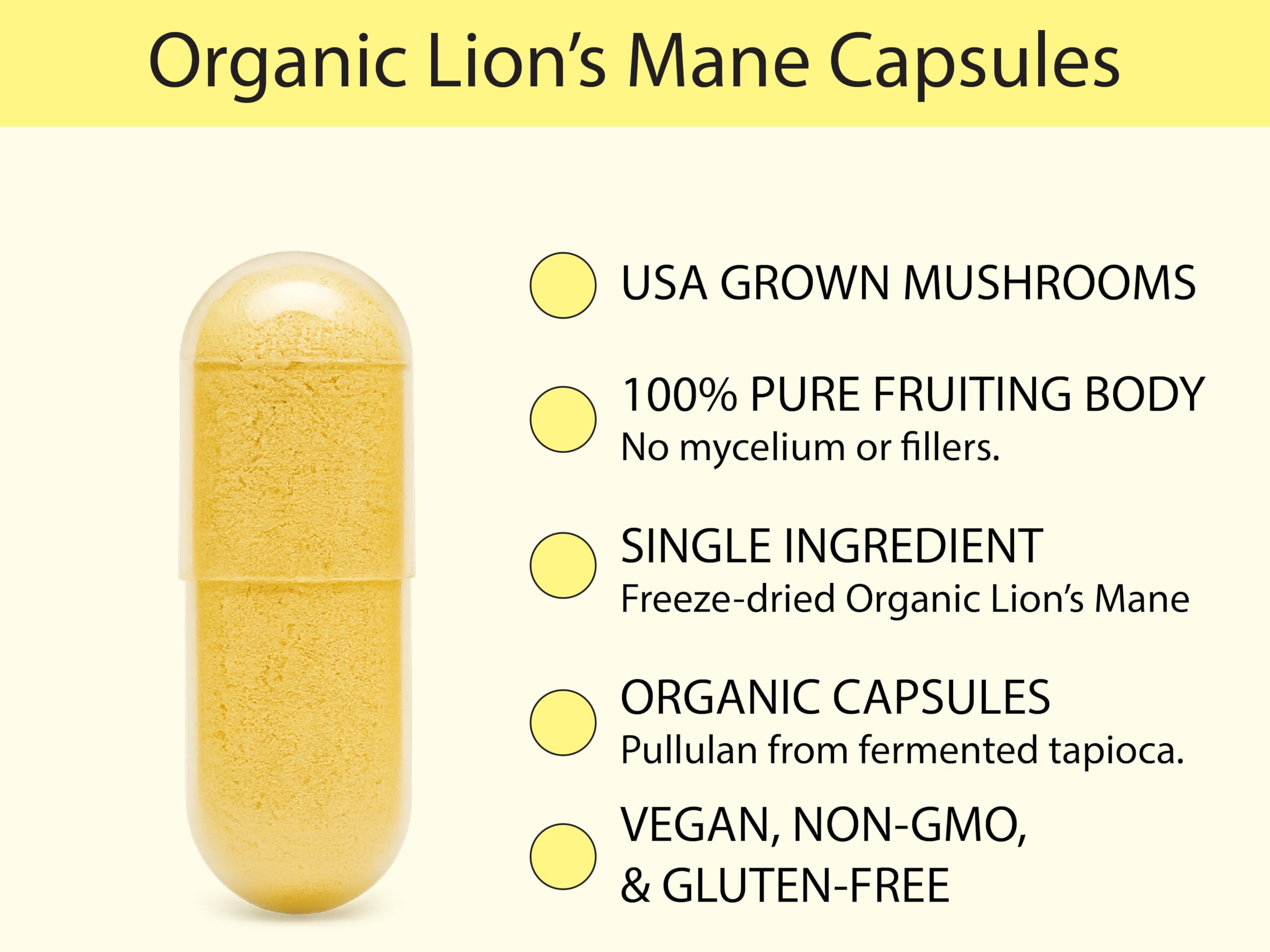 KOYAH Lion's Mane Capsules with organic certification badge