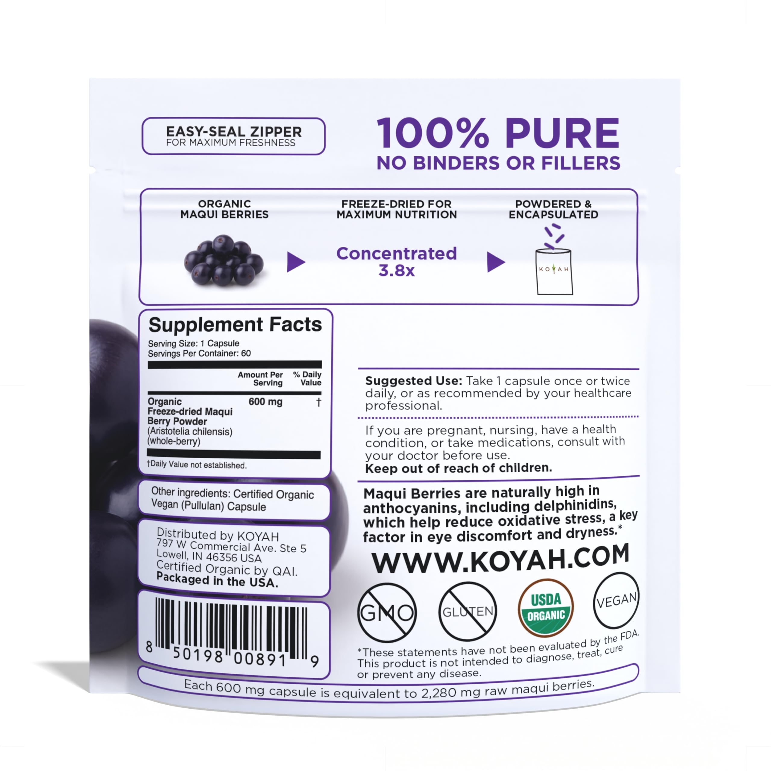 KOYAH Maqui Berry Capsules 600mg side view
