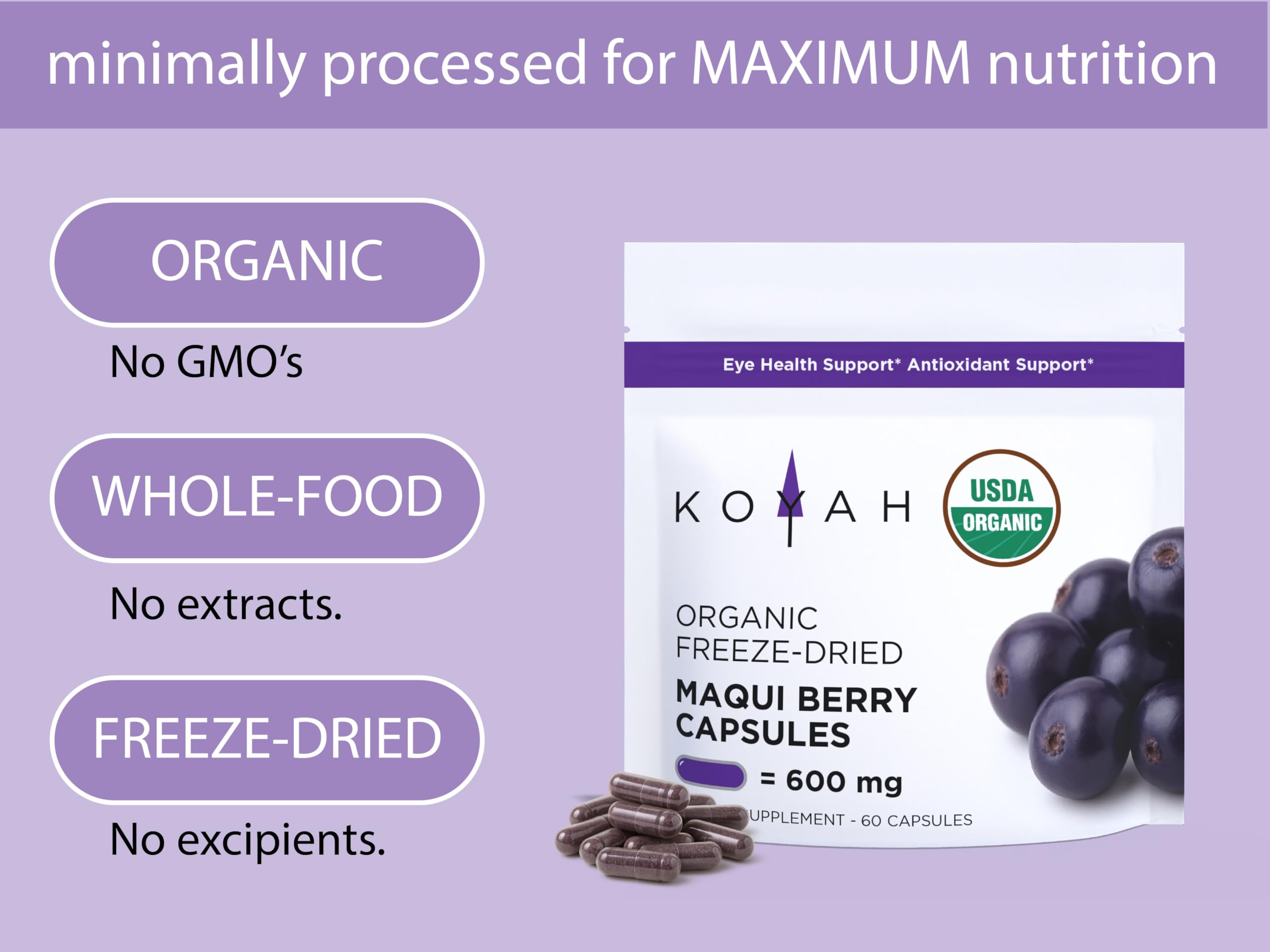 KOYAH Maqui Berry Capsules with organic label
