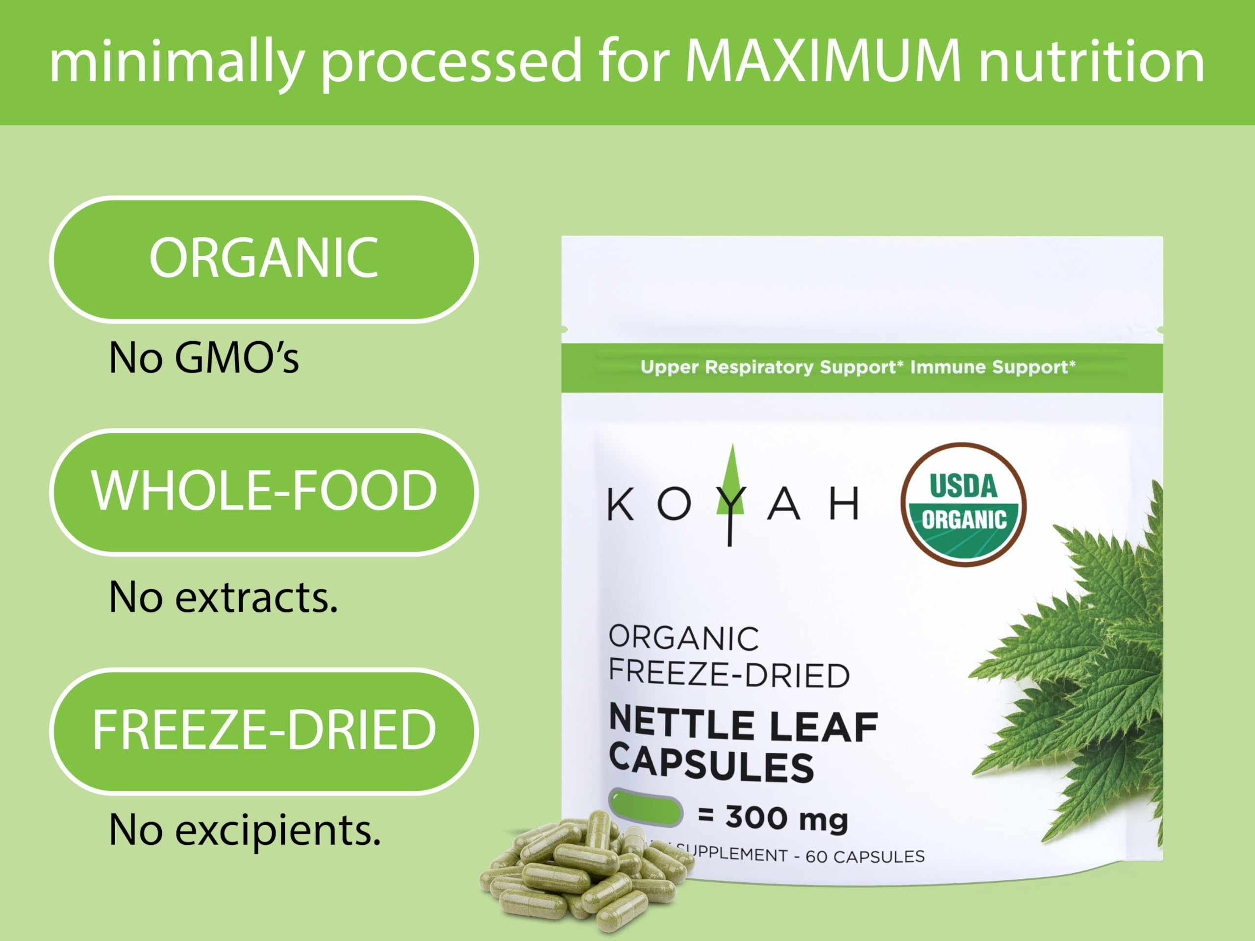 KOYAH Nettle Leaf Capsules close-up of organic ingredients