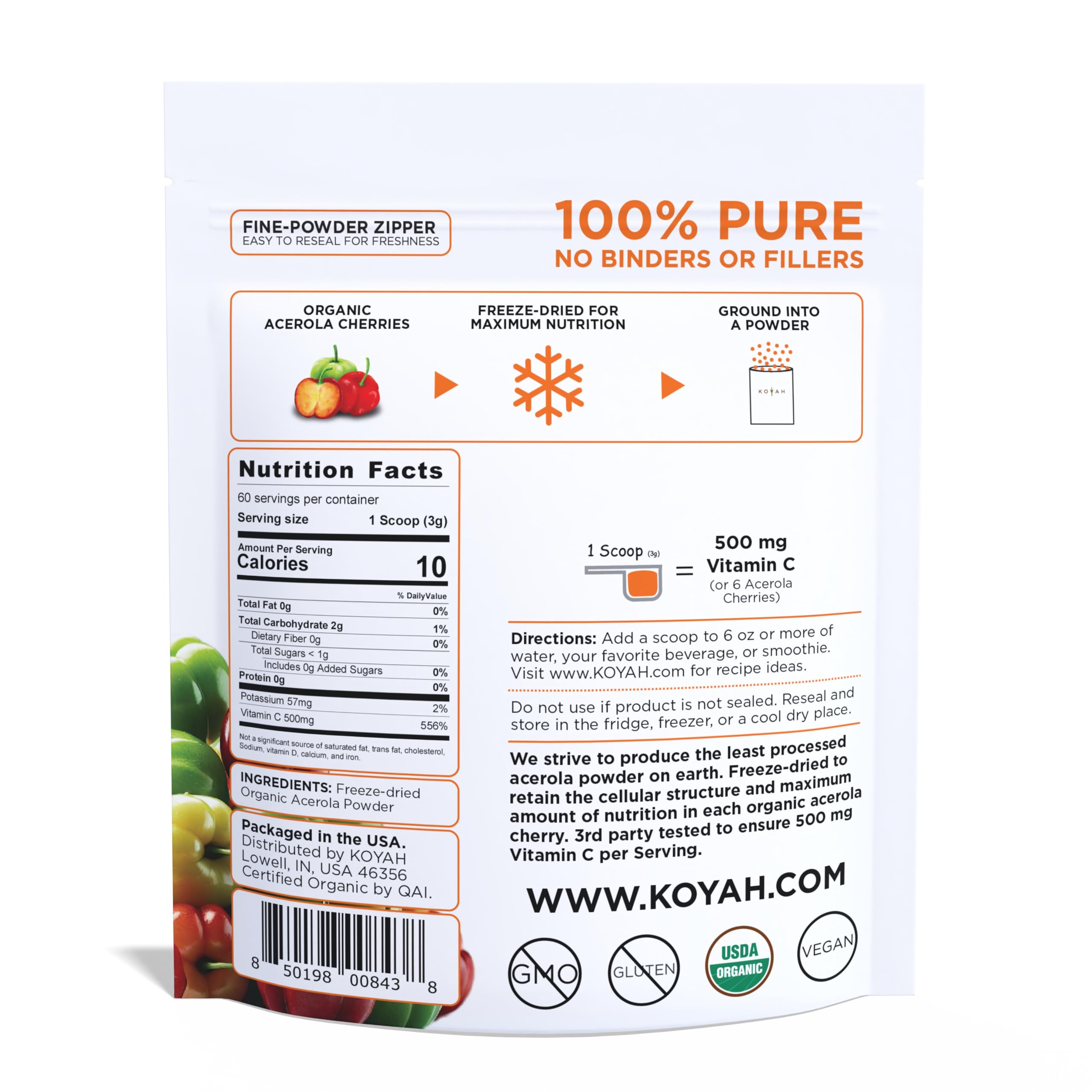 KOYAH Organic Acerola Powder scoop with powder