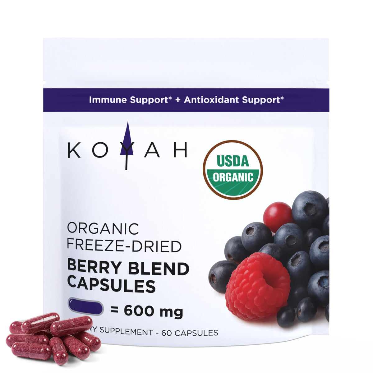 KOYAH Organic Berry Powder Capsules front view