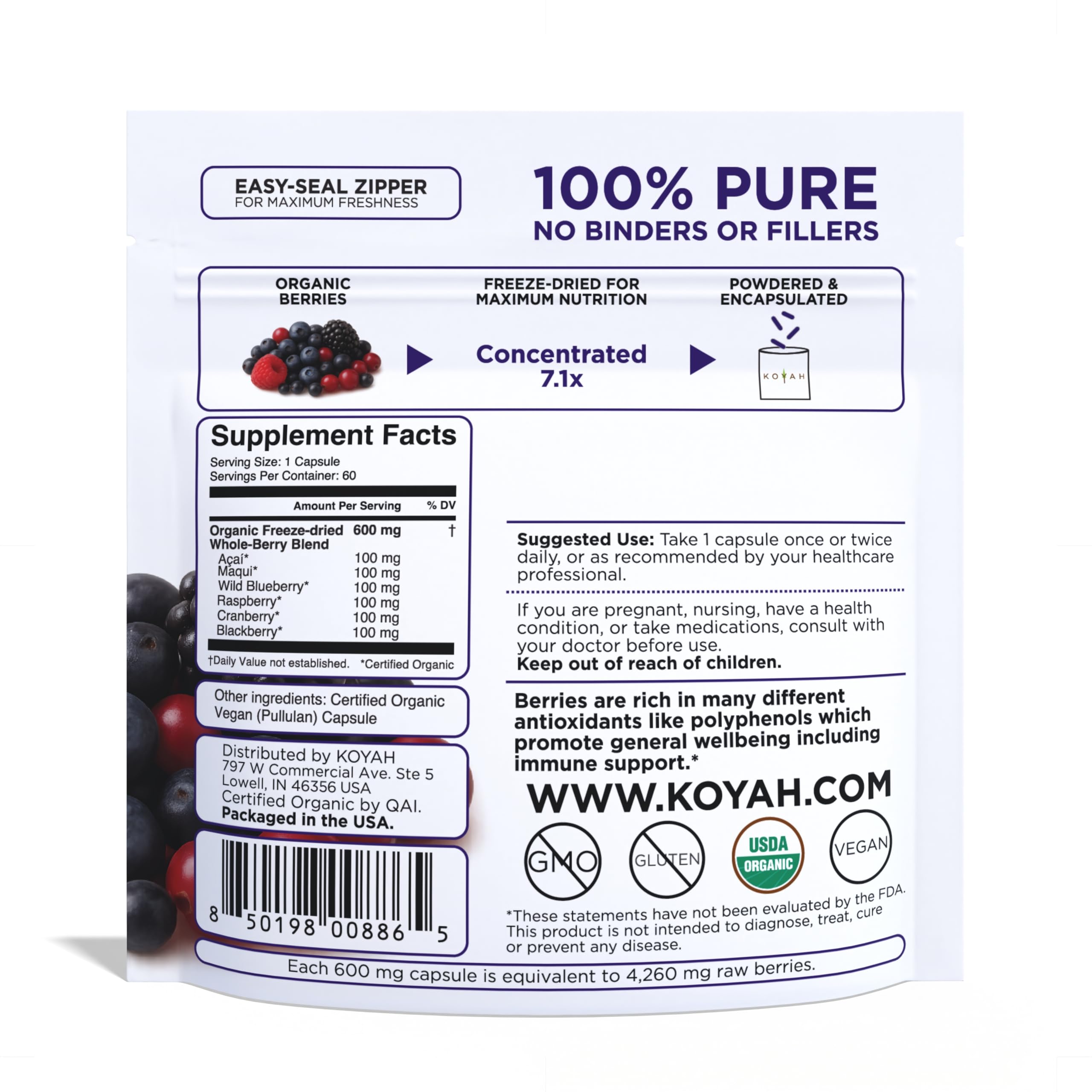 KOYAH Organic Berry Powder Capsules side view