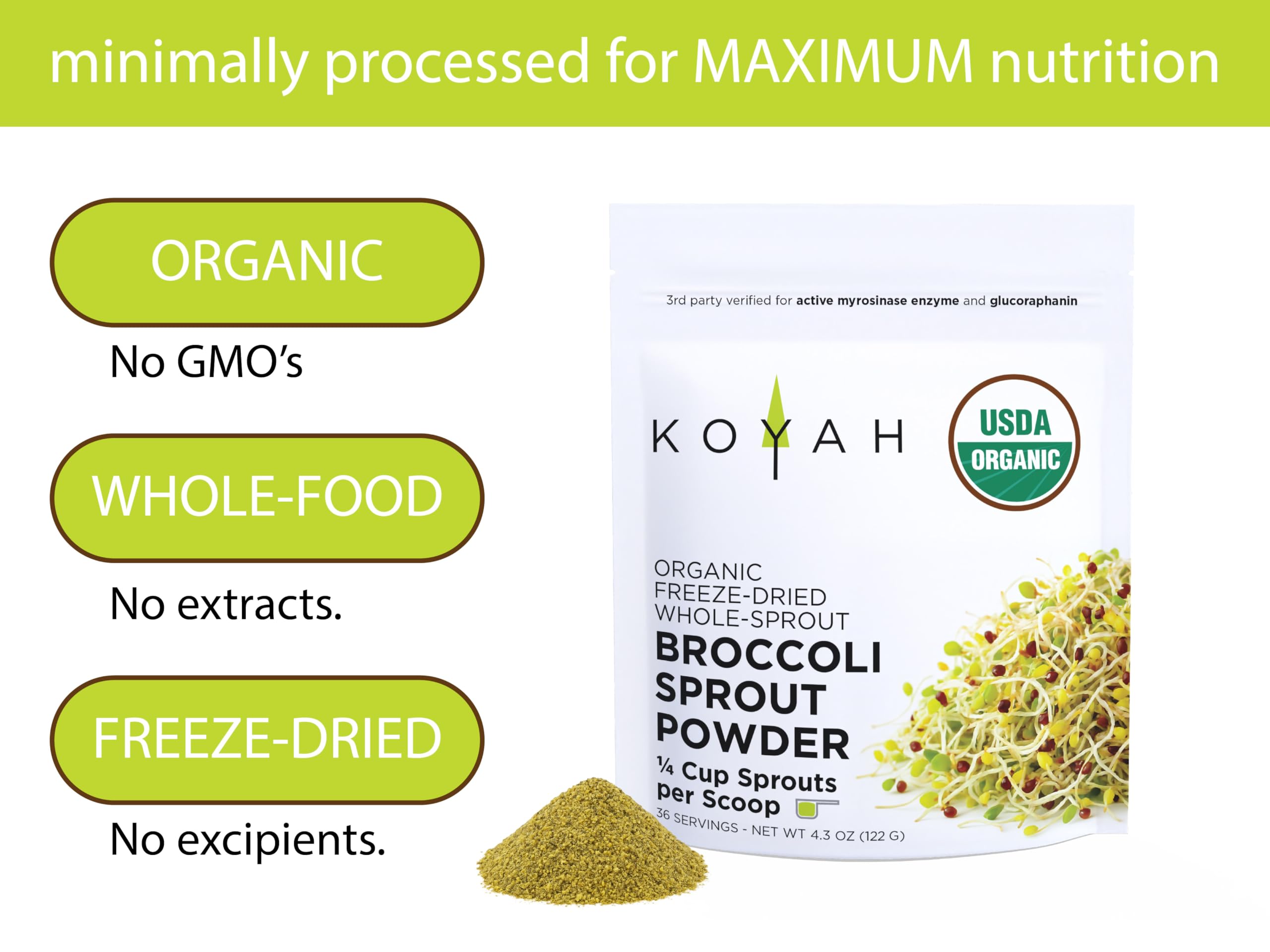 KOYAH Organic Broccoli Sprout Powder ingredients list on packaging