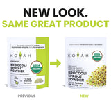 KOYAH Organic Broccoli Sprout Powder scoop next to pouch
