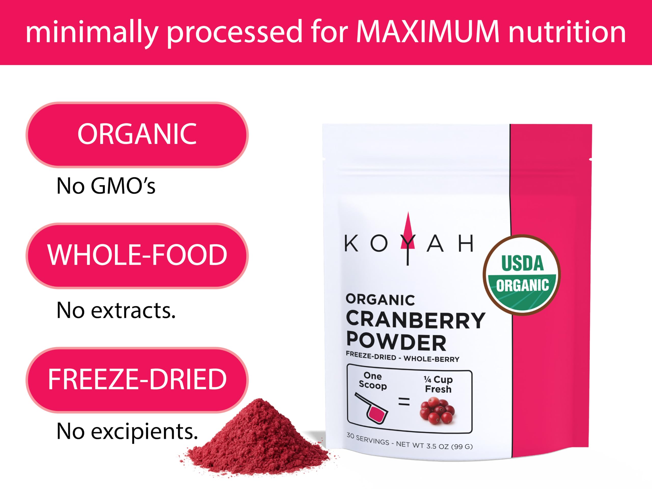 KOYAH Organic Cranberry Powder back view with nutritional information