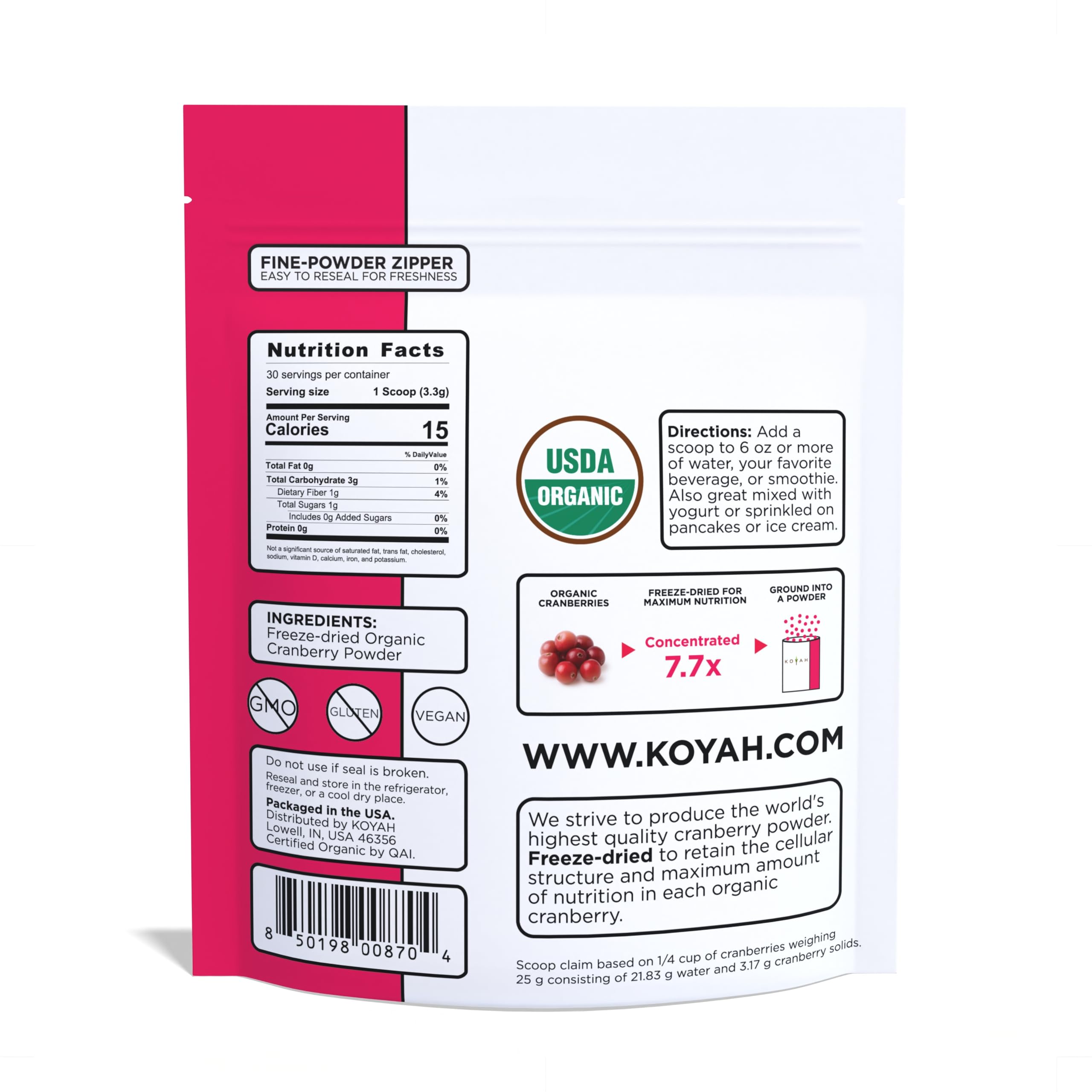 KOYAH Organic Cranberry Powder scoop showing vibrant pink/red powder