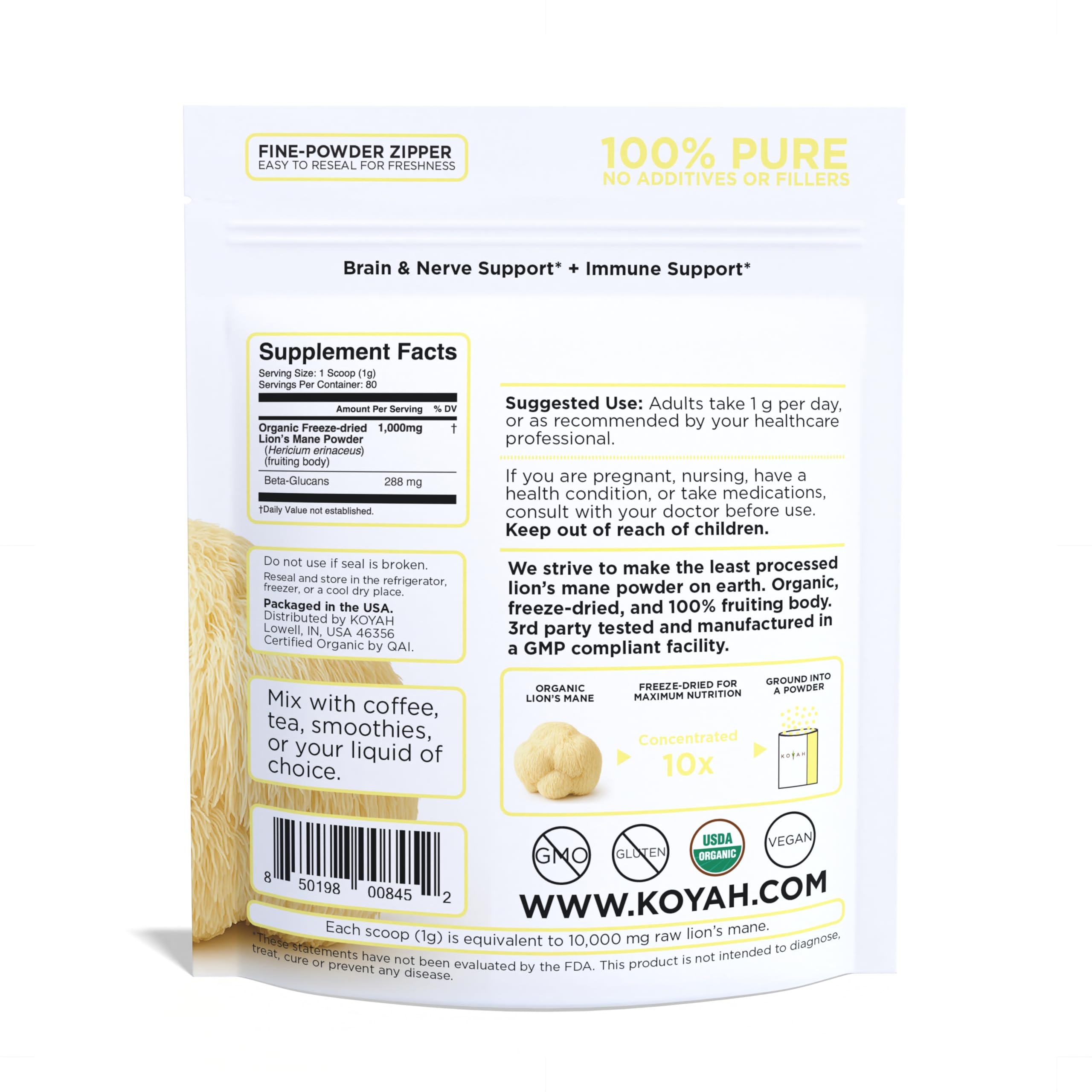 KOYAH Organic Lion's Mane Powder packaging details