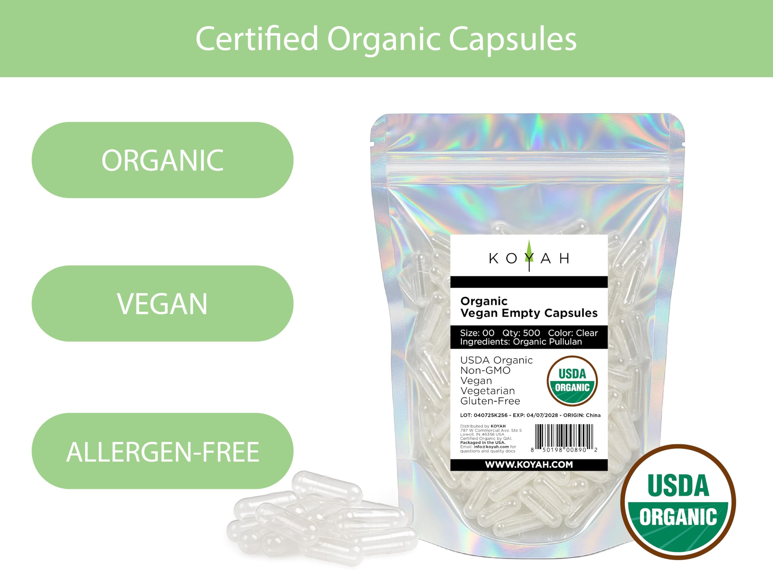 KOYAH Organic Pullulan Capsules side view showing size 00