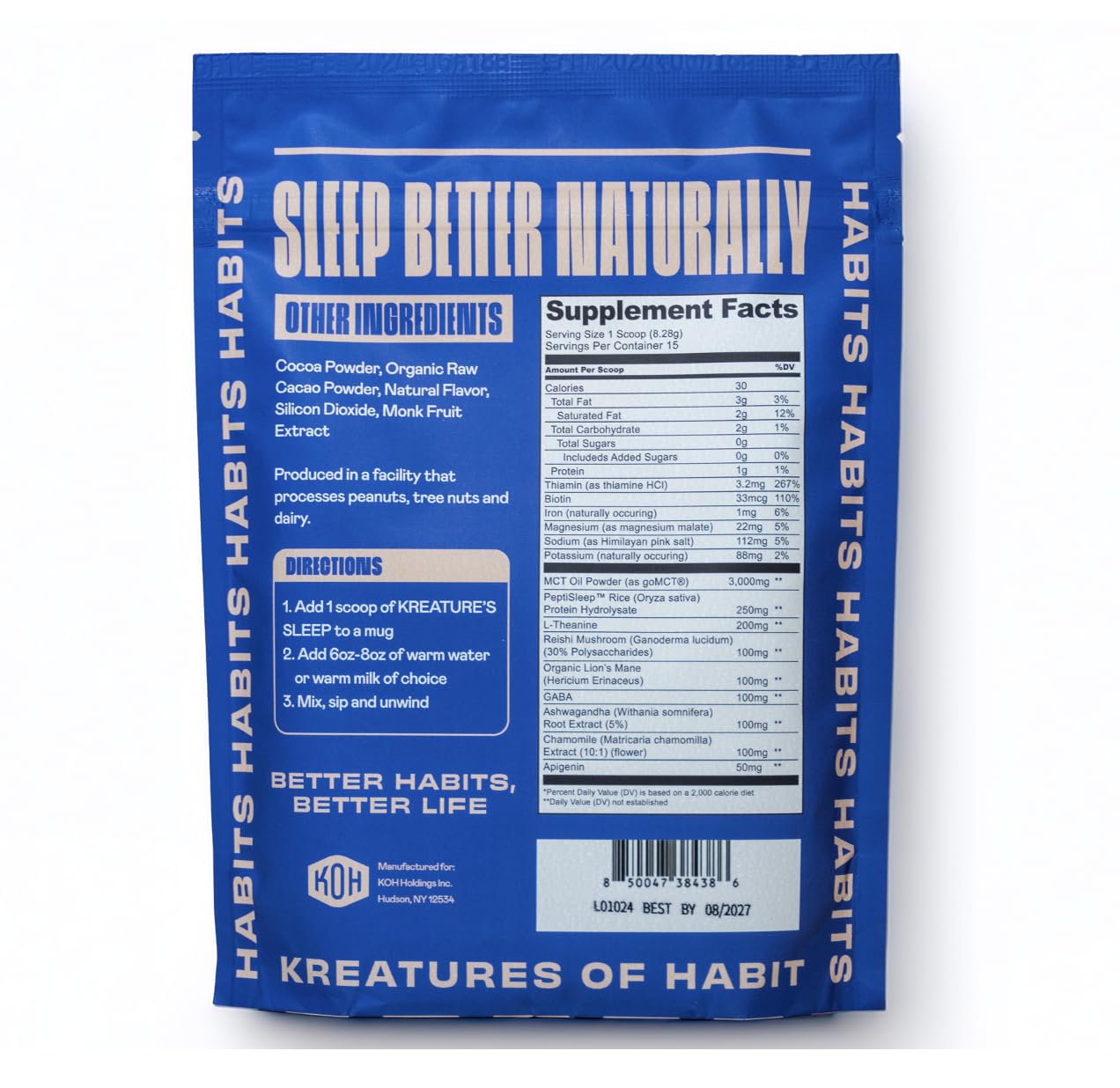 Kreatures of Habit Sleep Supplement back view with ingredient list