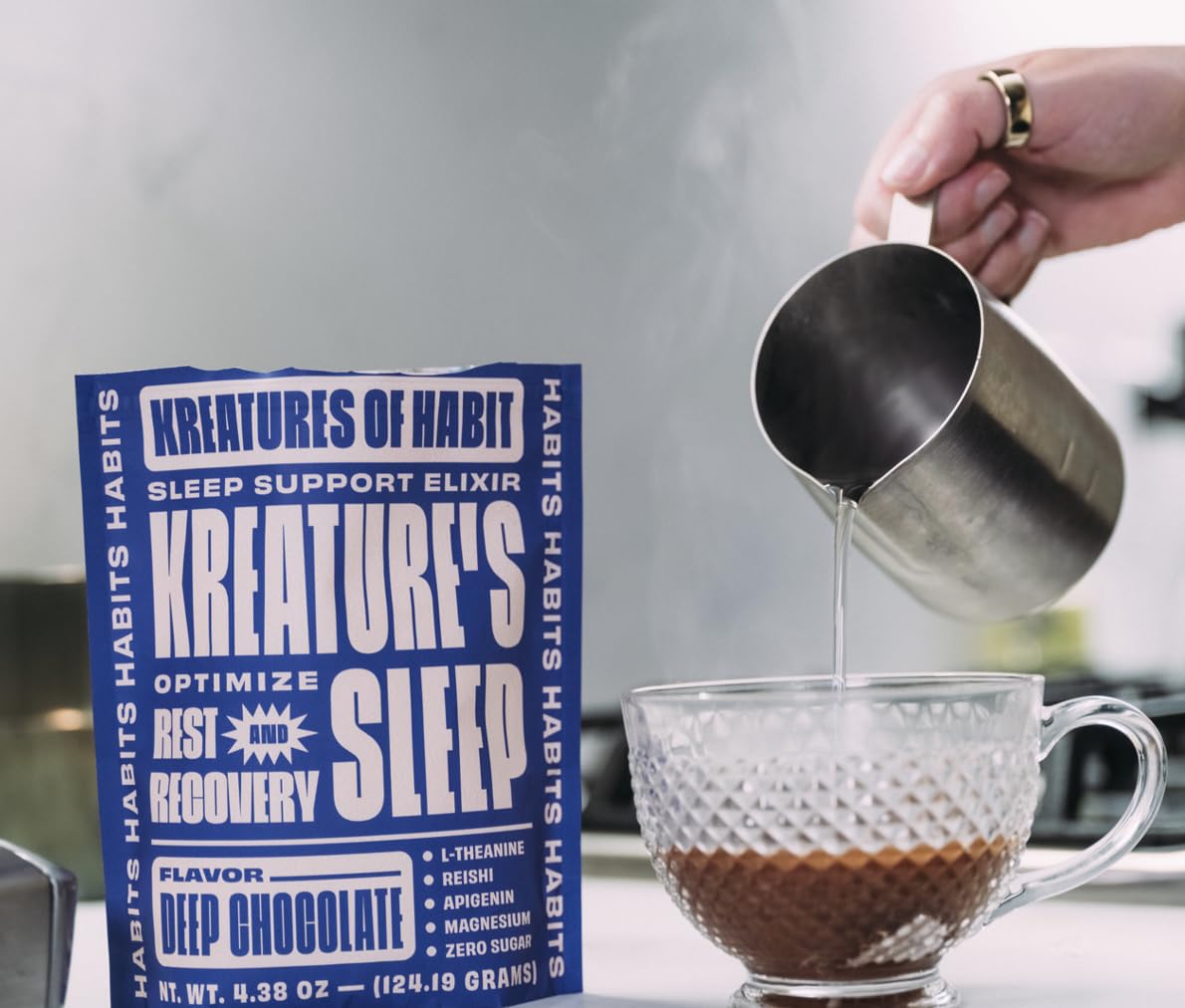 Kreatures of Habit Sleep Supplement lifestyle shot with evening setting