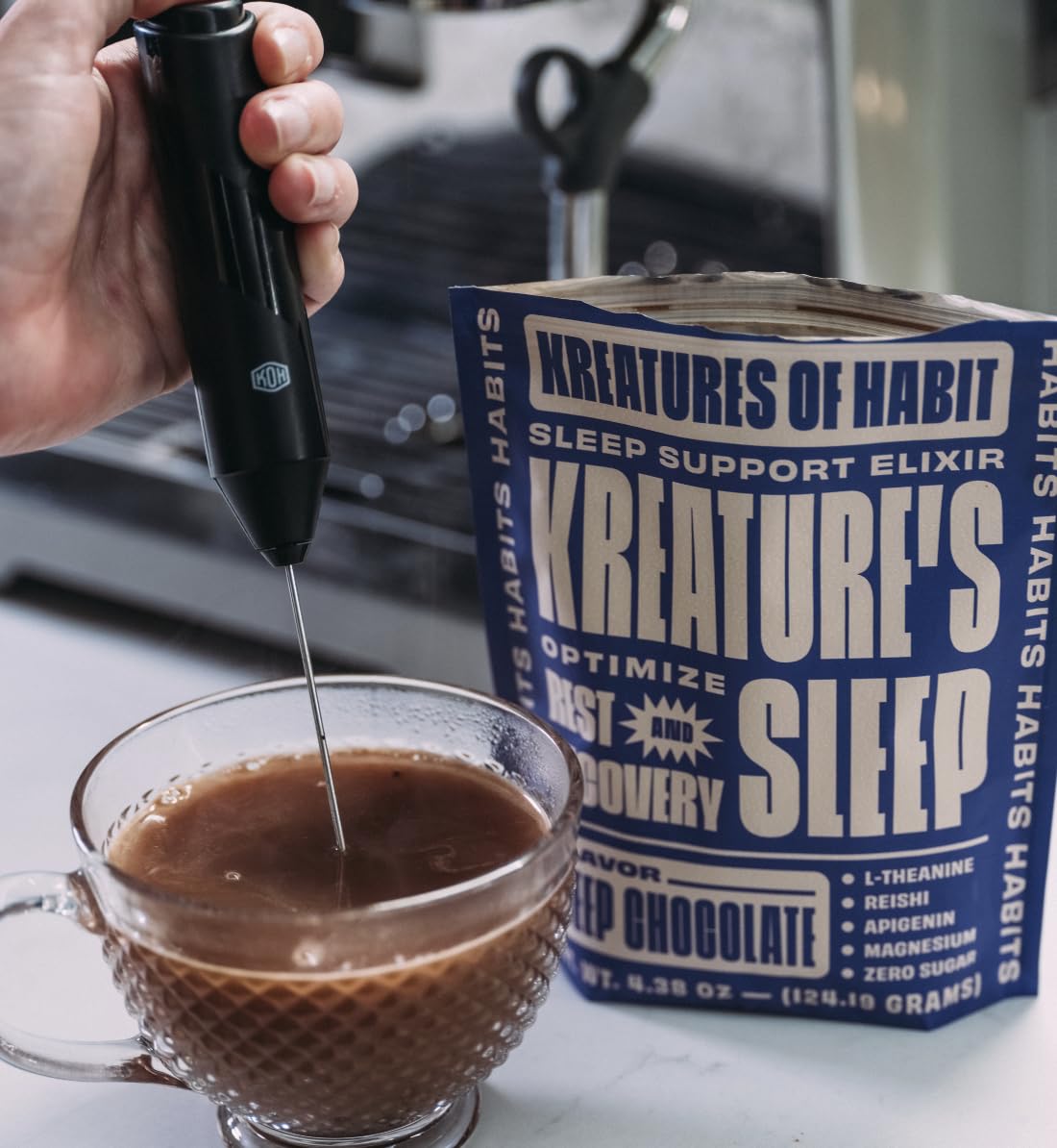 Kreatures of Habit Sleep Supplement serving suggestion with chocolate