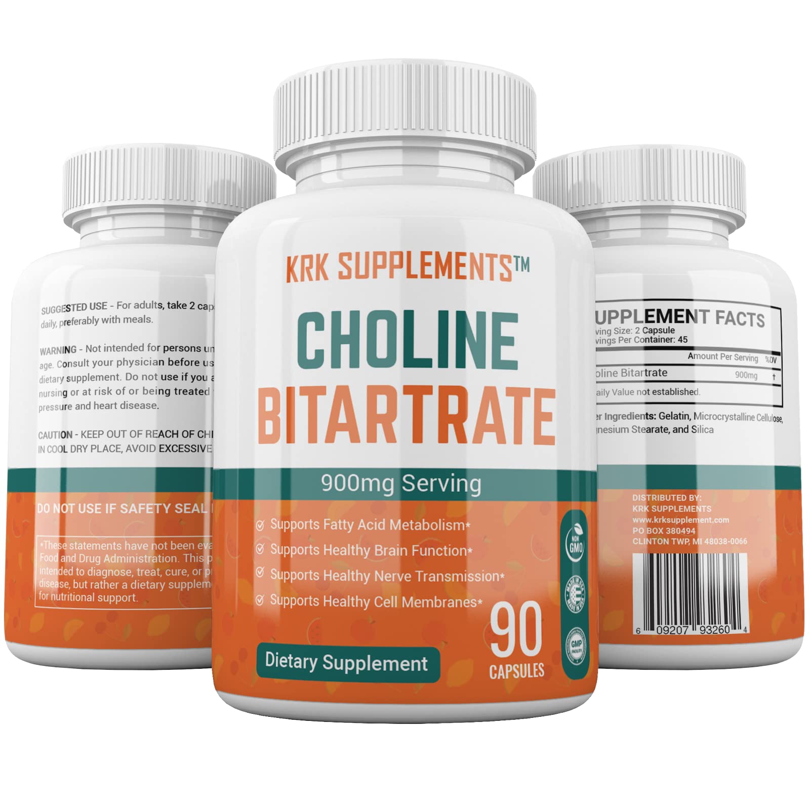KRK SUPPLEMENTS Choline Bitartrate Capsules 900mg bottle top view