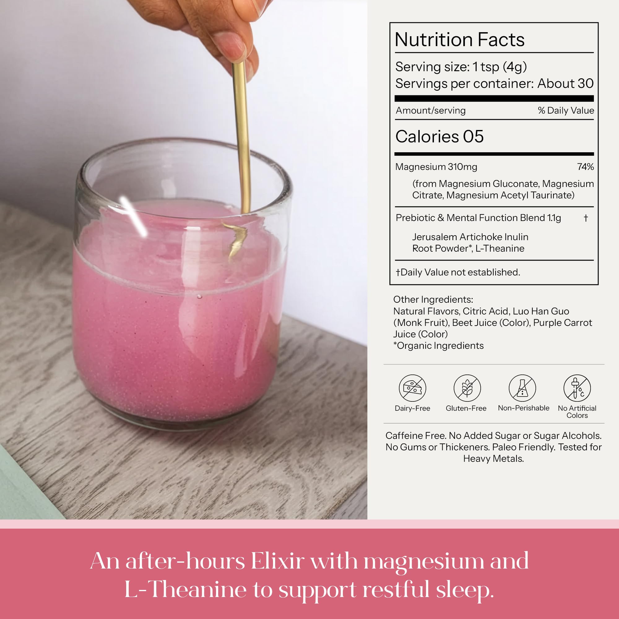 KROMA. Restore + Calm Magnesium Powder side view with pomegranate flavour