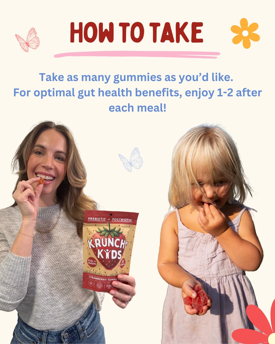Krunchy Kids Strawberry Gummies with fresh strawberries