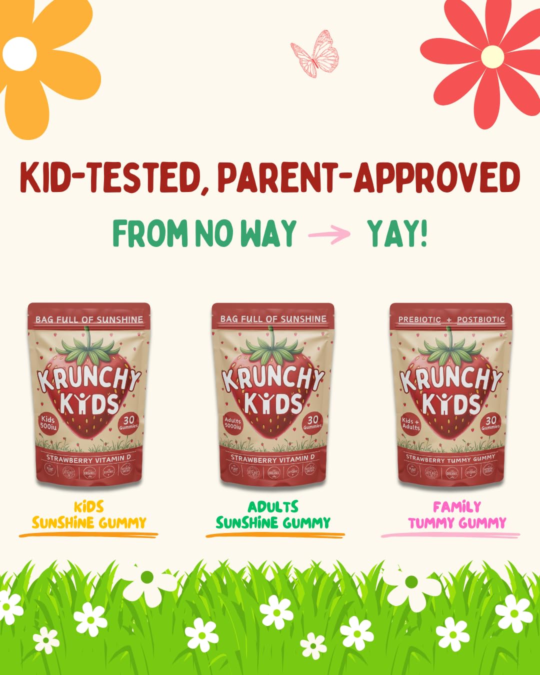 Krunchy Kids Vitamin D3 Gummies displayed on a kitchen counter