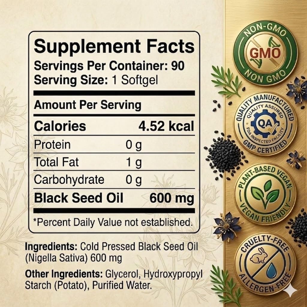 Kueysing Black Seed Oil Softgels with ingredients list