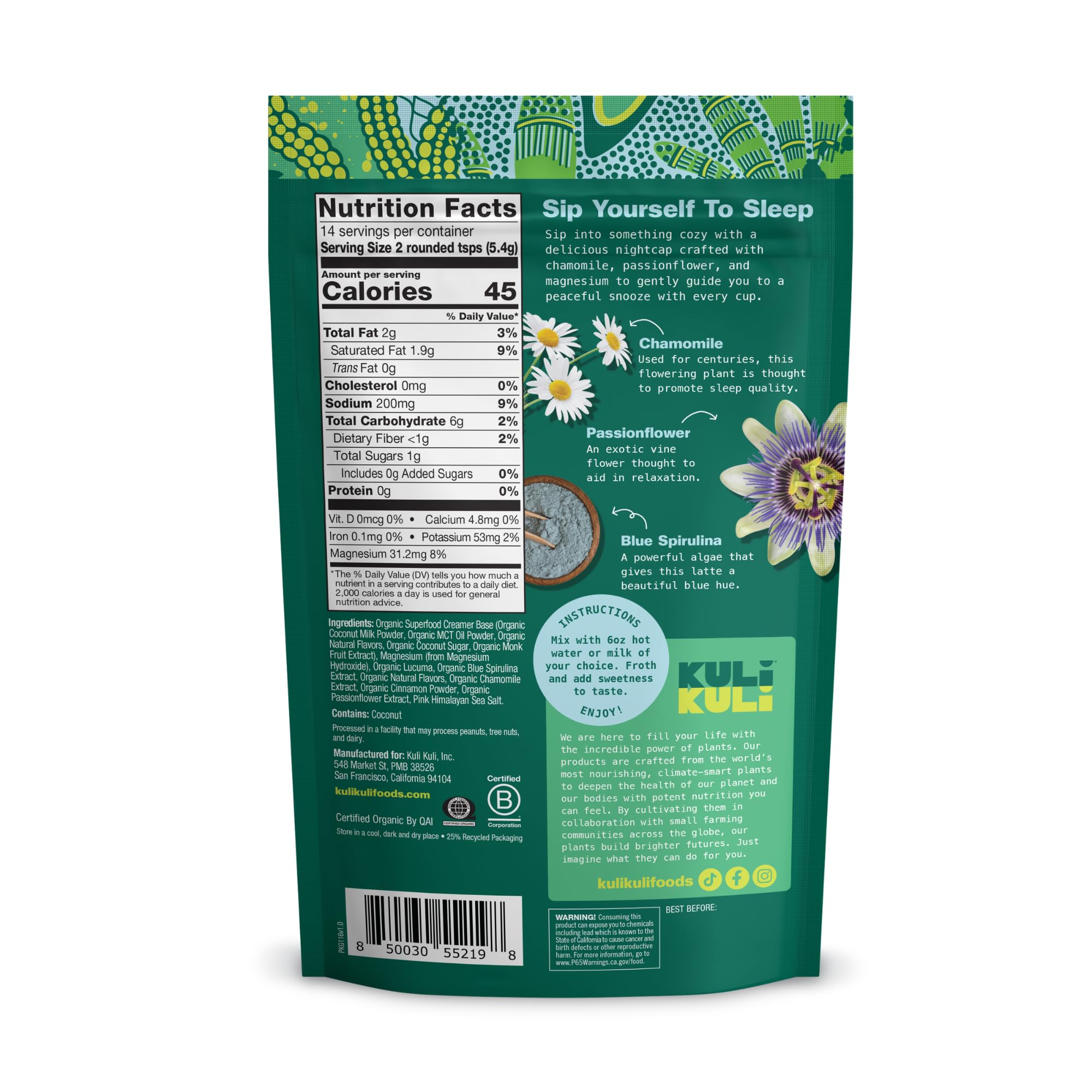 Kuli Kuli Vanilla Lavender Superfood Latte mixed with oat milk