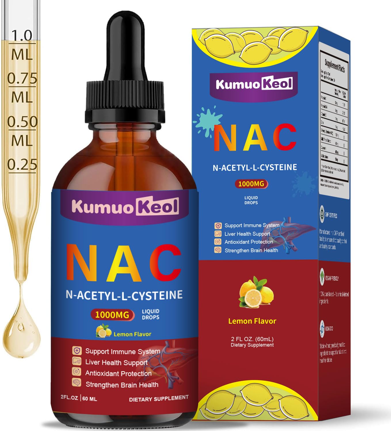 KumuoKeol NAC Liquid Drops 1000mg front view with lemon flavour