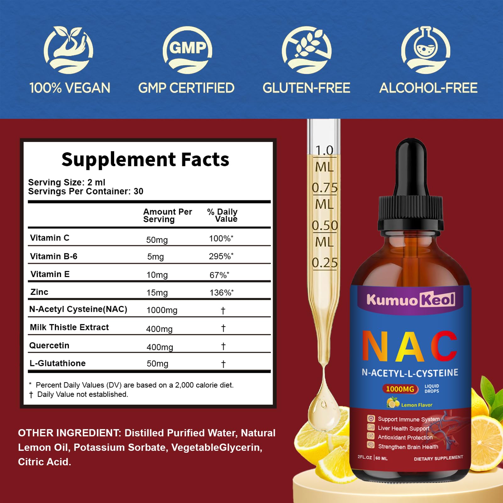 KumuoKeol NAC Liquid Drops 1000mg side view with dosage instructions