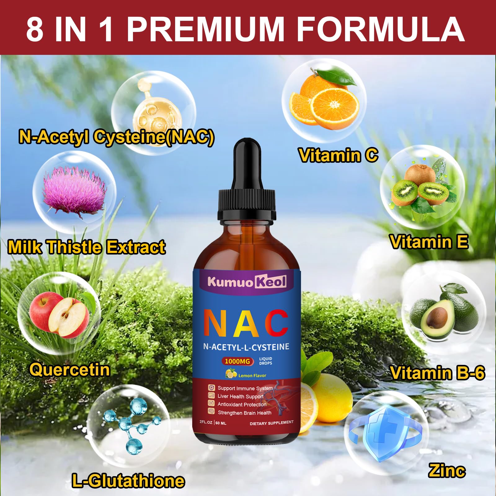 KumuoKeol NAC Liquid Drops packaging with natural ingredients listed