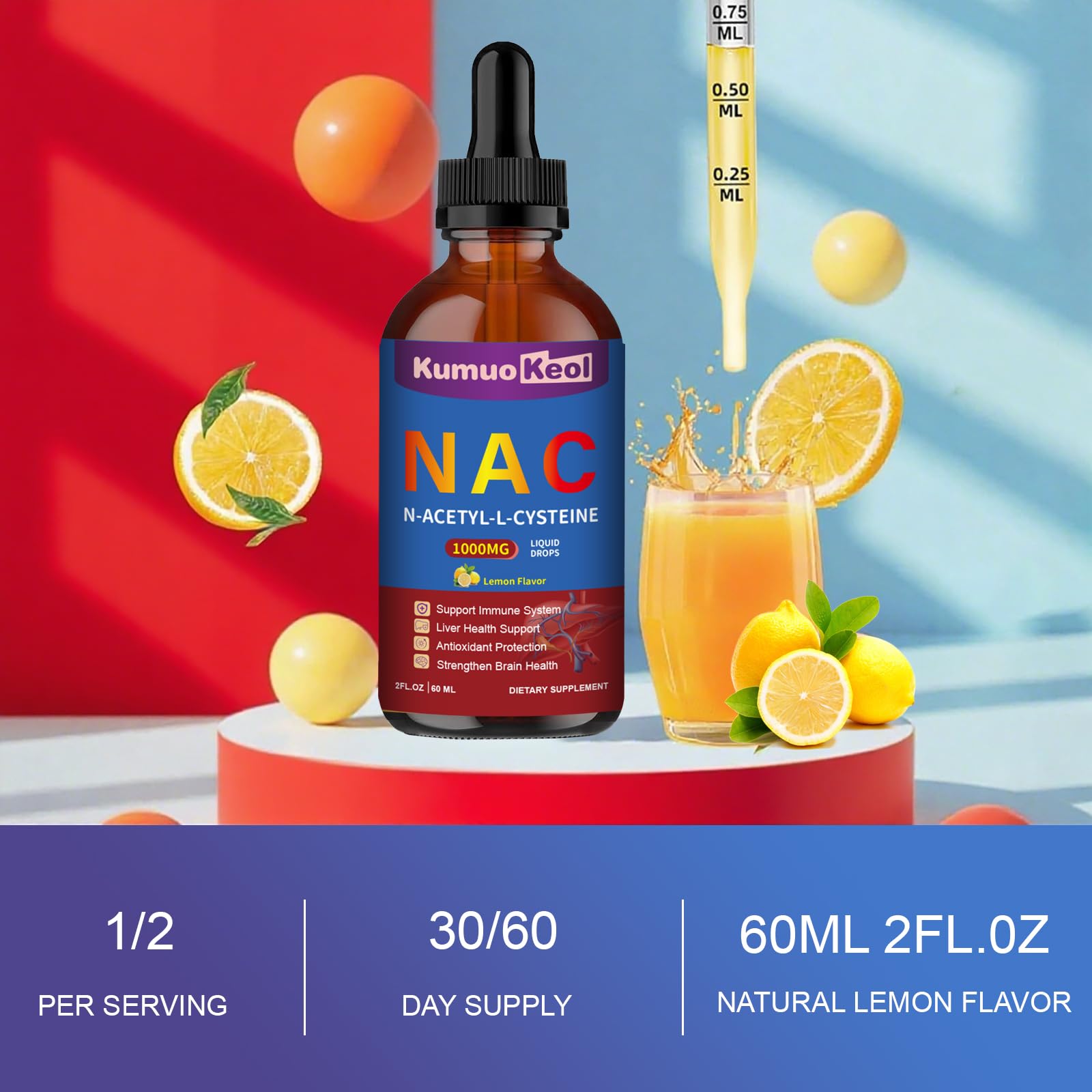 KumuoKeol NAC Liquid Drops shown with fresh lemons
