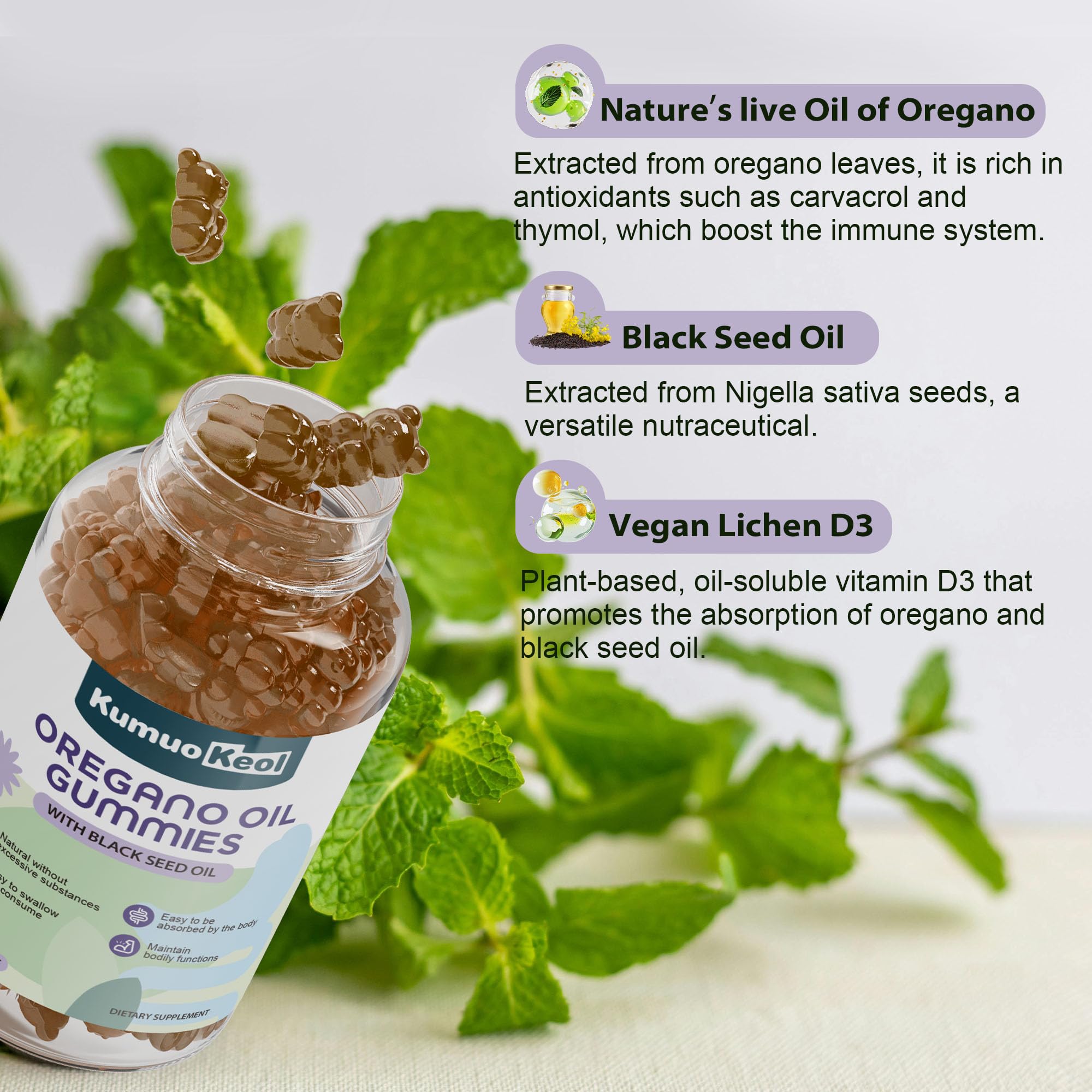 KumuoKeol Oregano Oil Gummies on a wooden table