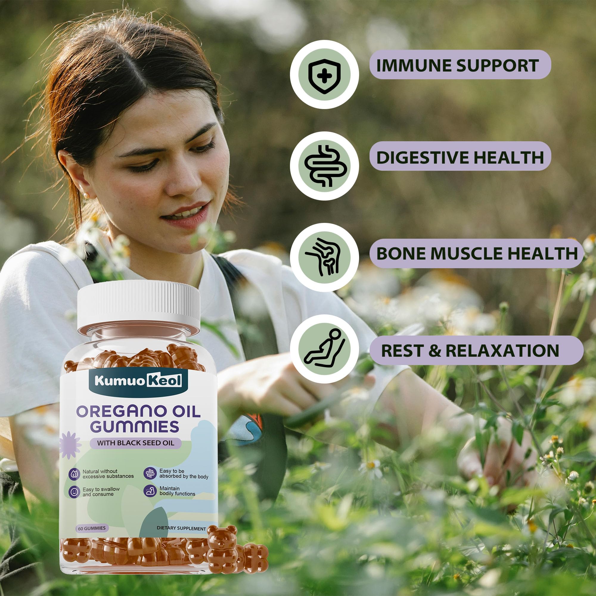 KumuoKeol Oregano Oil Gummies with Vitamin D3 label
