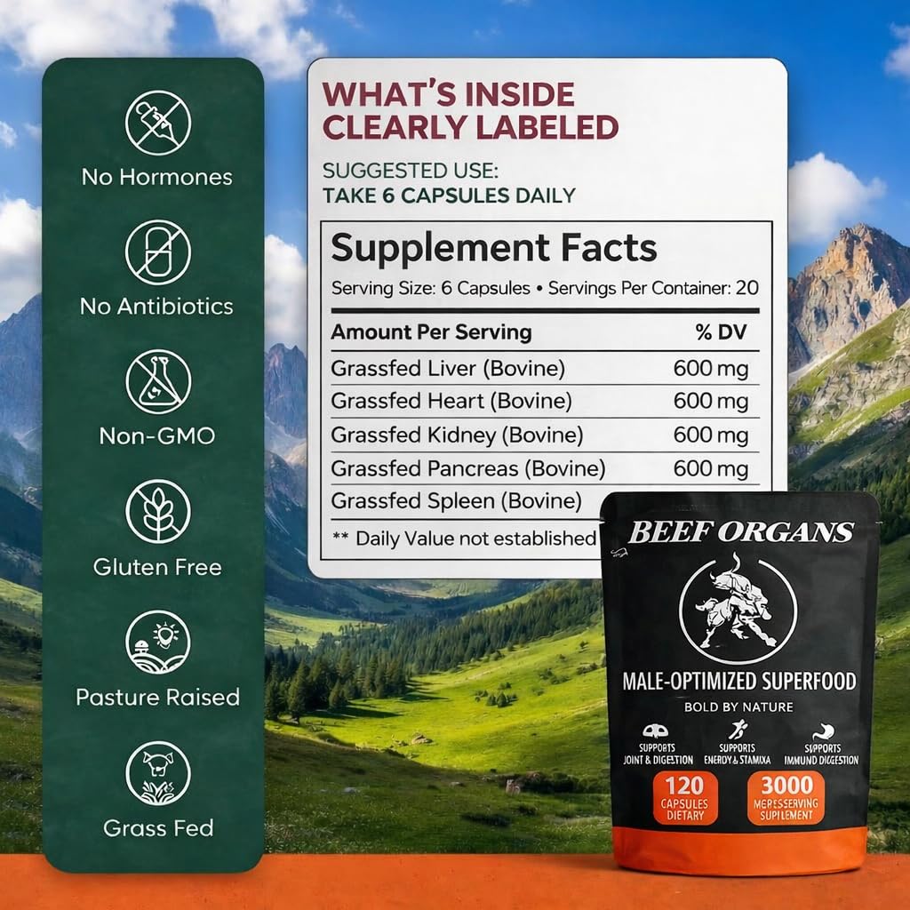 KUZEOLON Beef Organ Blend Supplement capsules in a clear bottle