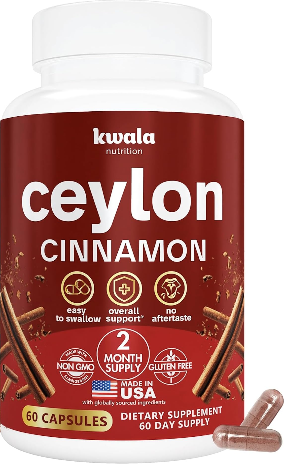 Kwala Nutrition Organic Ceylon Cinnamon 600mg capsules front view