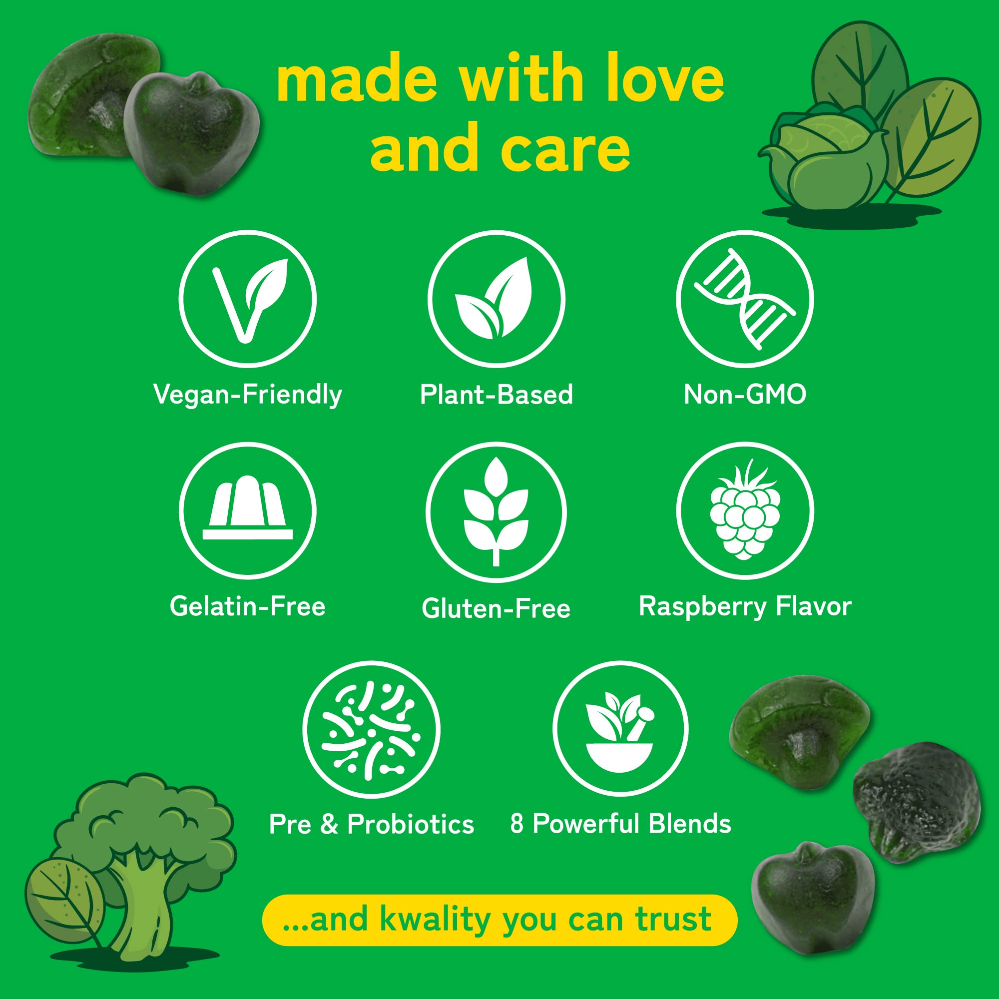 Kwala Nutrition Super Greens Gummies nutritional information on packaging