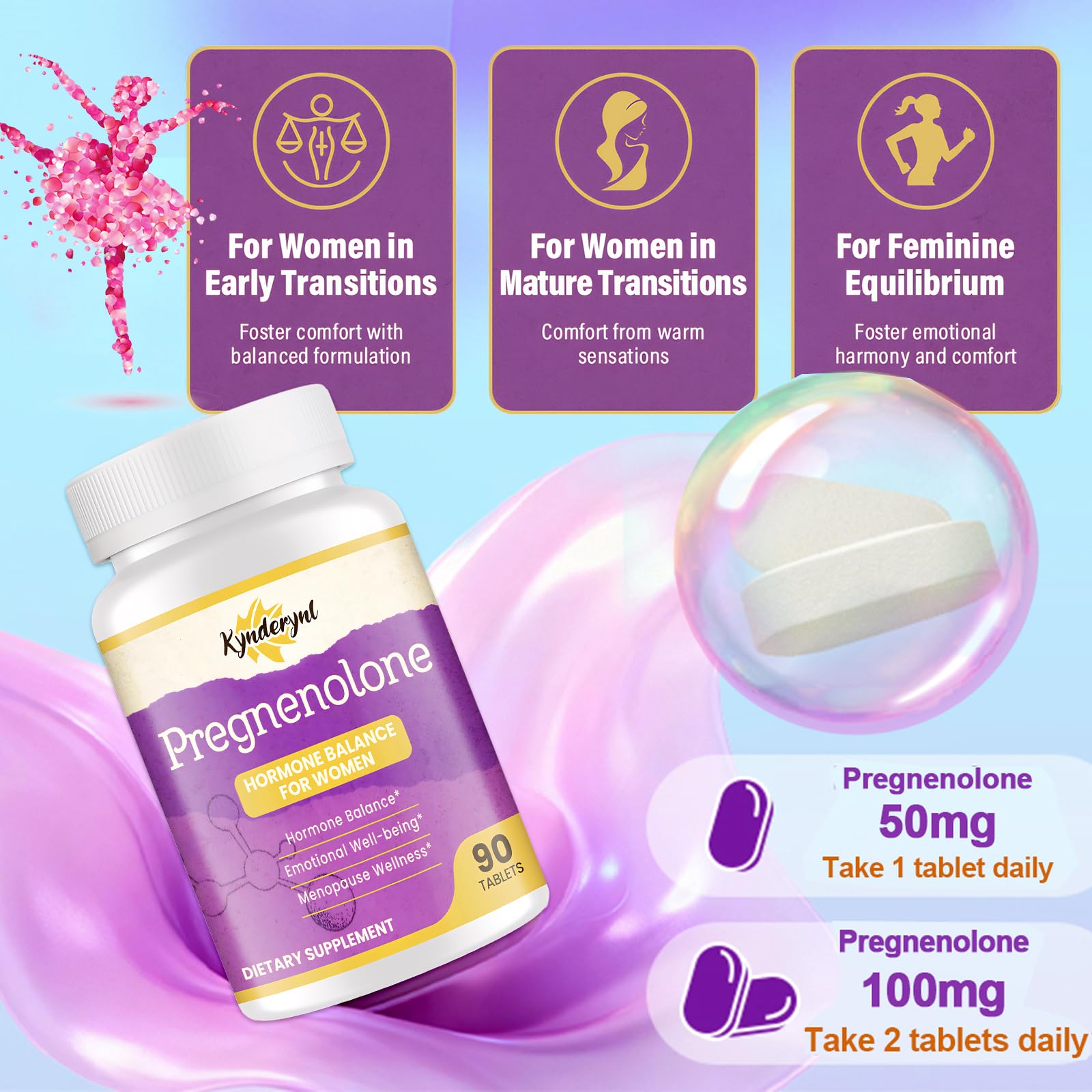 Kynderynl Pregnenolone Supplement bottle with 90 chewable tablets