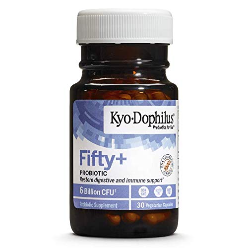 Kyo-Dophilus Fifty+ Probiotic capsules inside a glass