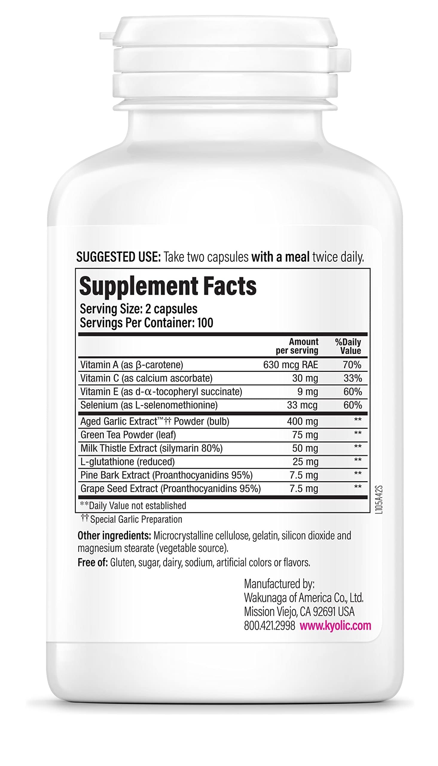 Kyolic Aged Garlic Extract 105 supplement back view with ingredients