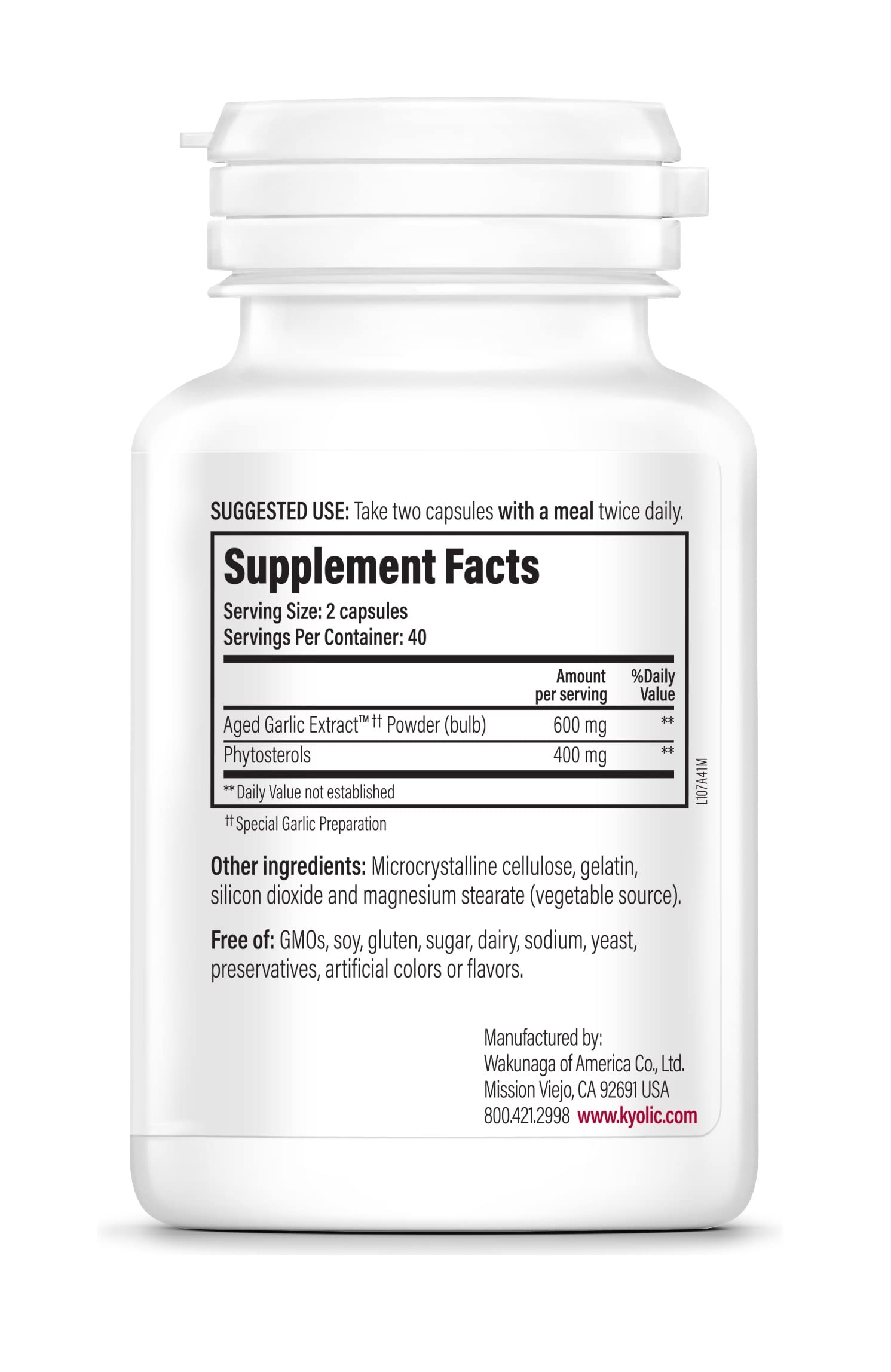 Kyolic Aged Garlic Extract Capsules back view with ingredient list